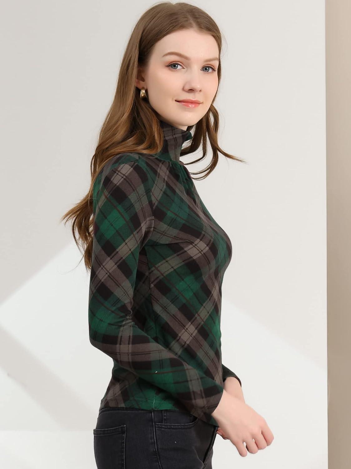 imageAllegra K Womens Striped Top Long Sleeve Casual Slim Turtleneck Fall Christmas Party Shirt 2025Green Brown