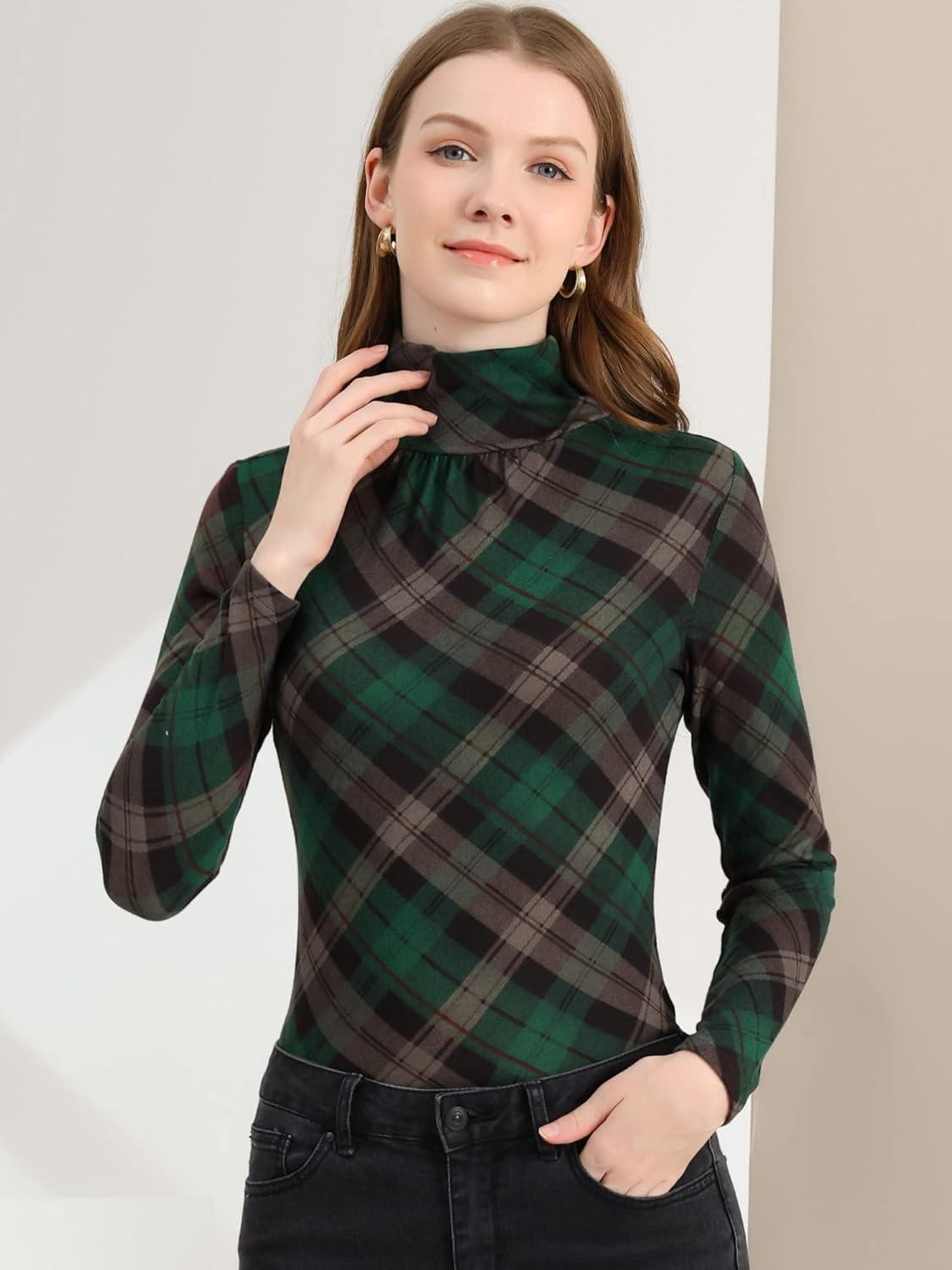 imageAllegra K Womens Striped Top Long Sleeve Casual Slim Turtleneck Fall Christmas Party Shirt 2025Green Brown