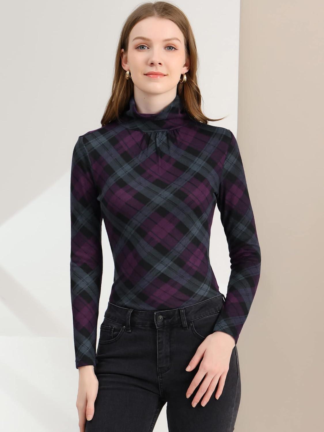 imageAllegra K Womens Striped Top Long Sleeve Casual Slim Turtleneck Fall Christmas Party Shirt 2025Purple