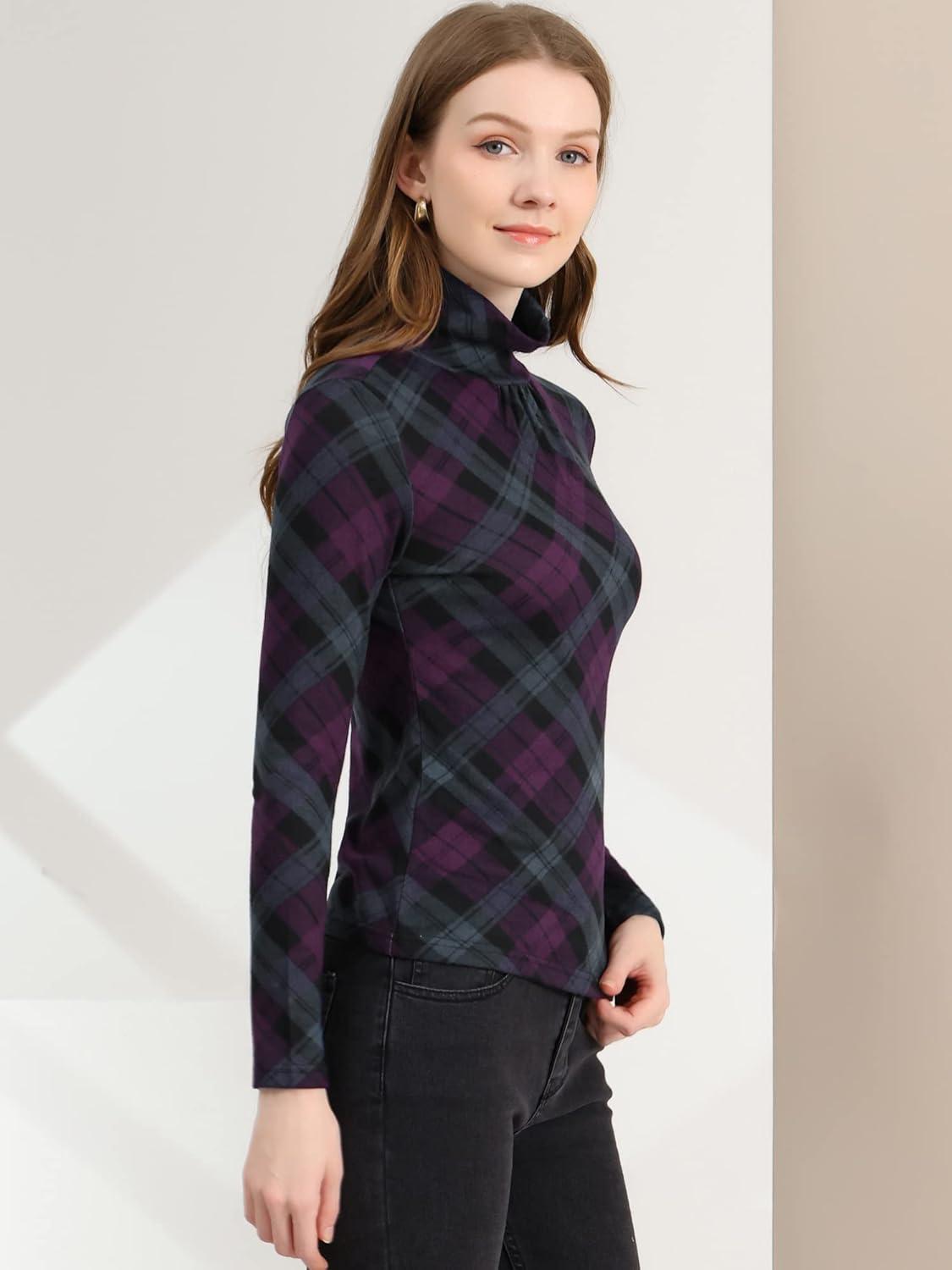 imageAllegra K Womens Striped Top Long Sleeve Casual Slim Turtleneck Fall Christmas Party Shirt 2025Purple