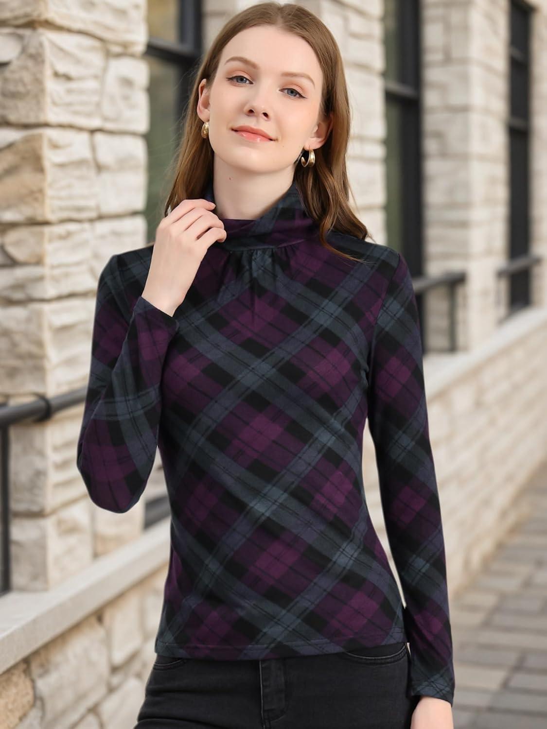 imageAllegra K Womens Striped Top Long Sleeve Casual Slim Turtleneck Fall Christmas Party Shirt 2025Purple
