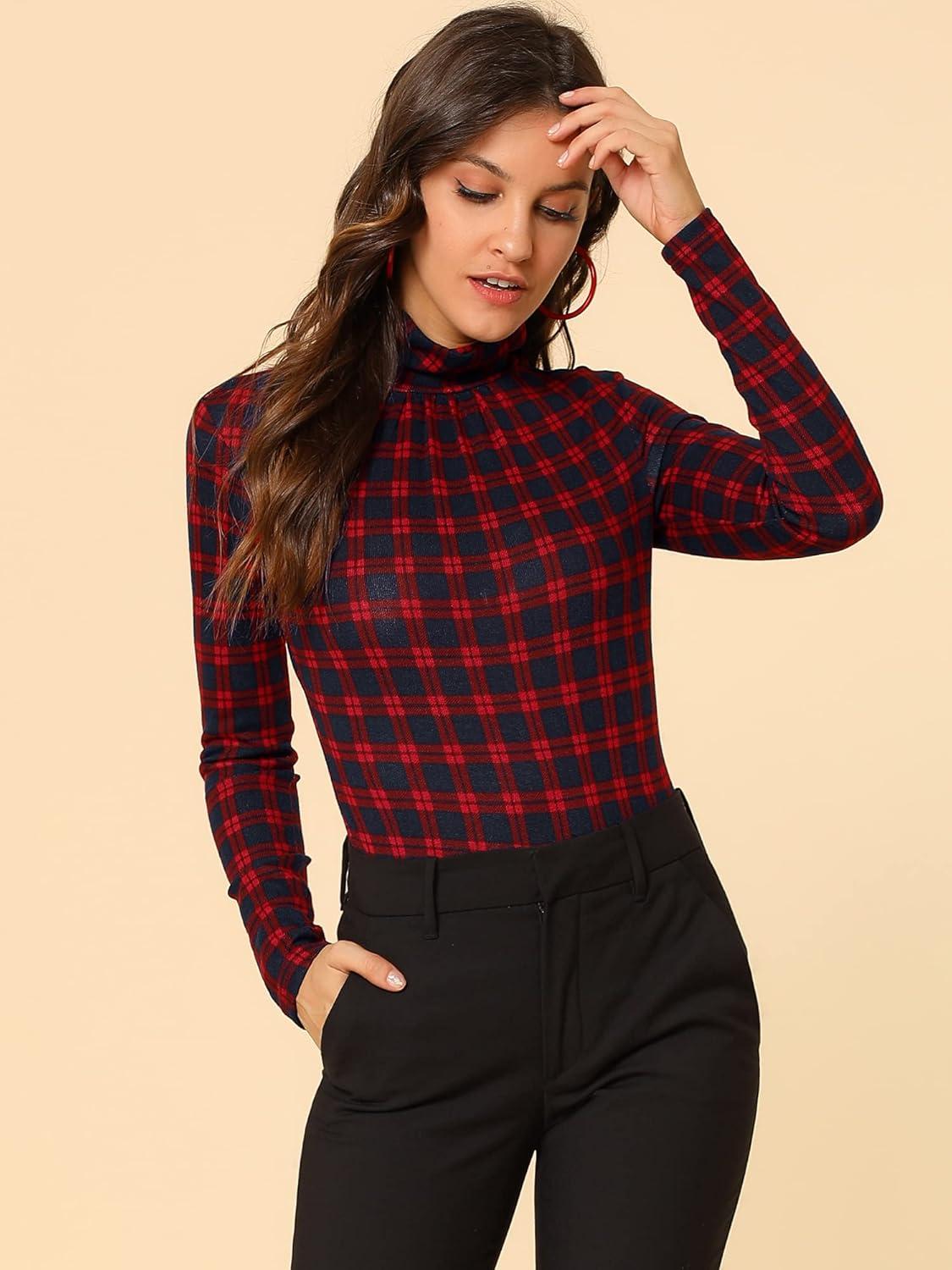 imageAllegra K Womens Striped Top Long Sleeve Casual Slim Turtleneck Fall Christmas Party Shirt 2025Red