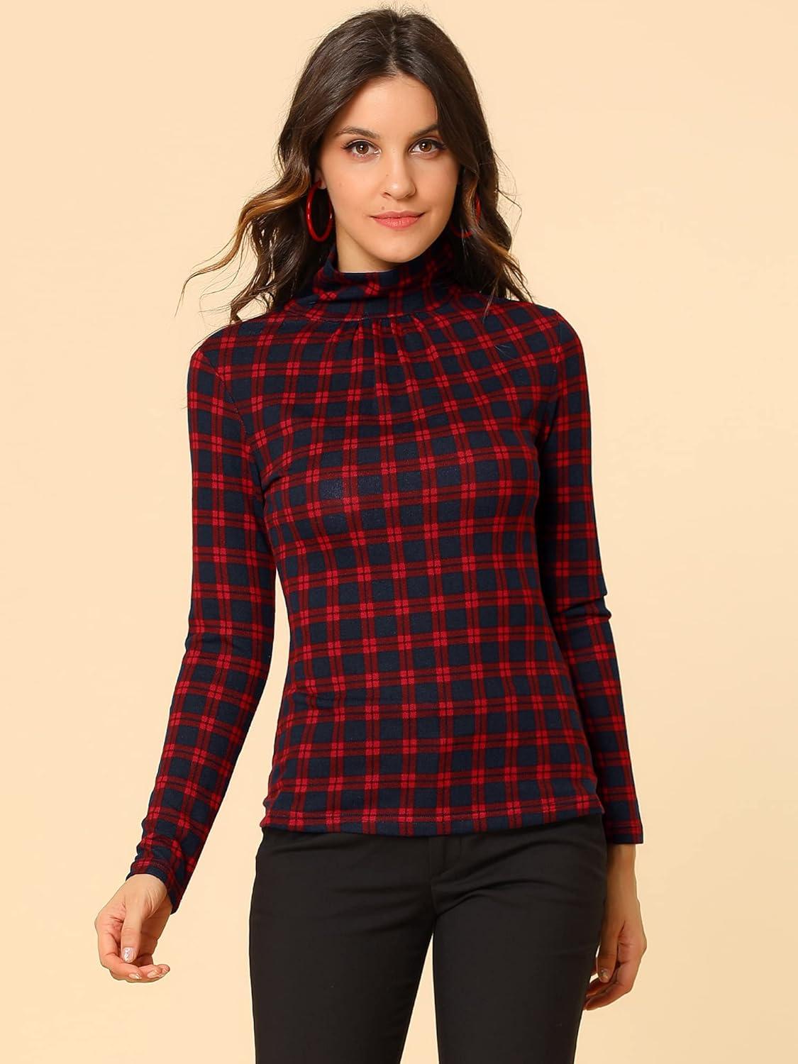 imageAllegra K Womens Striped Top Long Sleeve Casual Slim Turtleneck Fall Christmas Party Shirt 2025Red