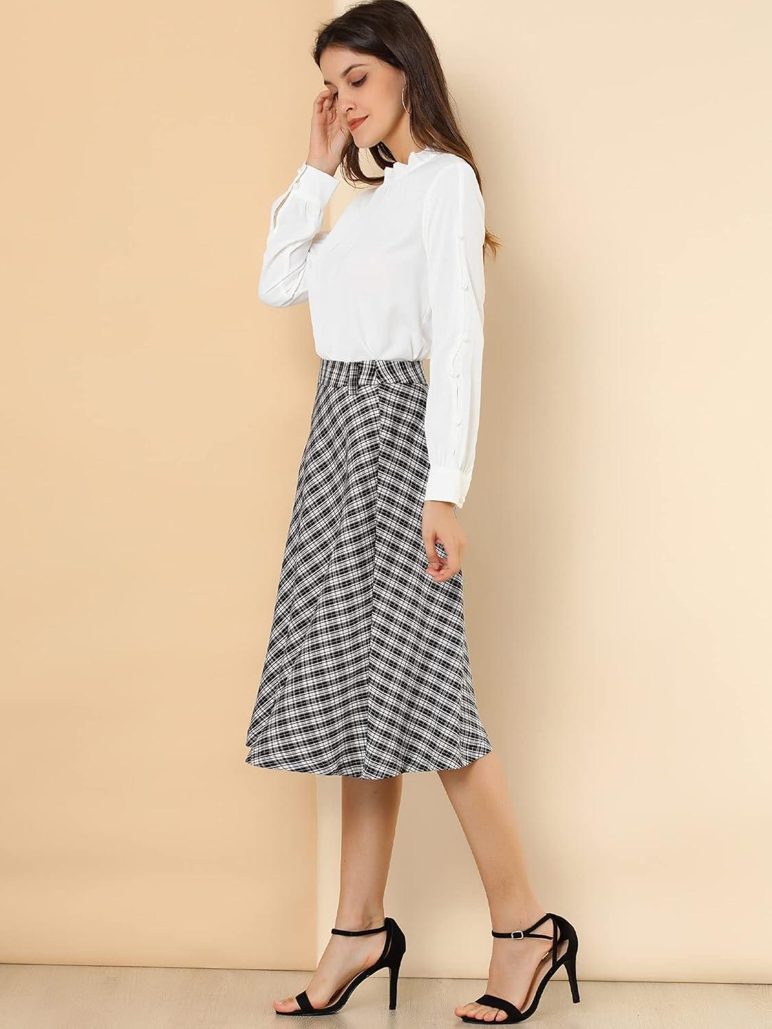 imageAllegra K Womens Tartan Plaid High Waist Belted Vintage ALine Midi SkirtBlack White