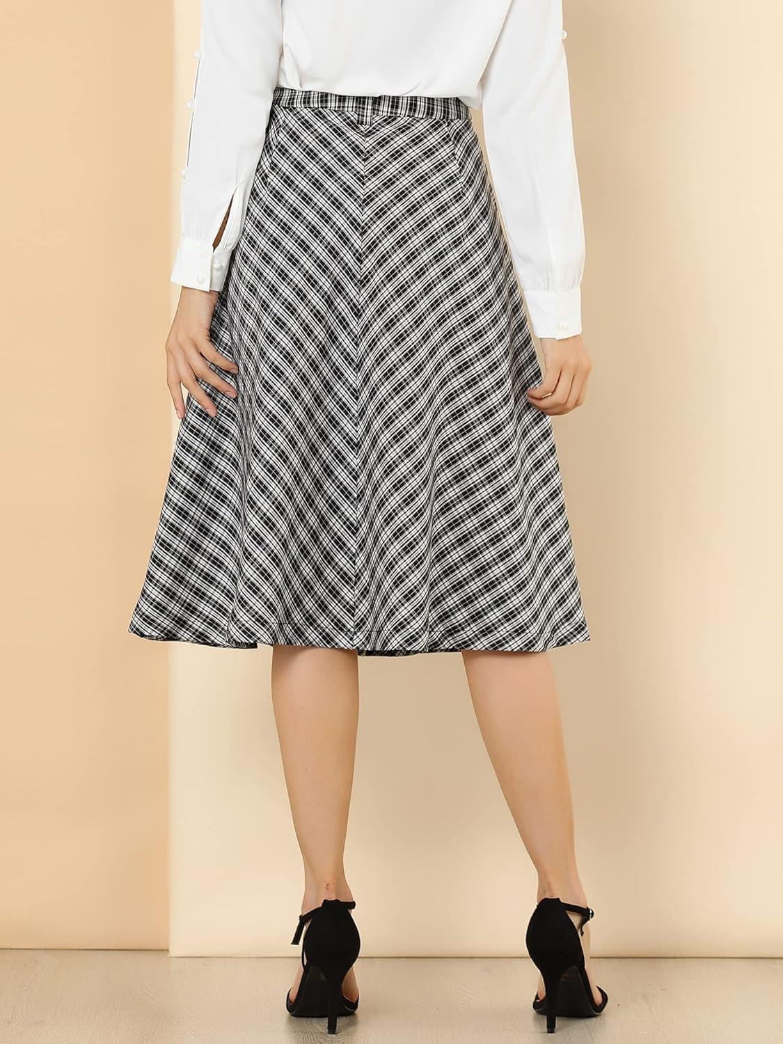 imageAllegra K Womens Tartan Plaid High Waist Belted Vintage ALine Midi SkirtBlack White