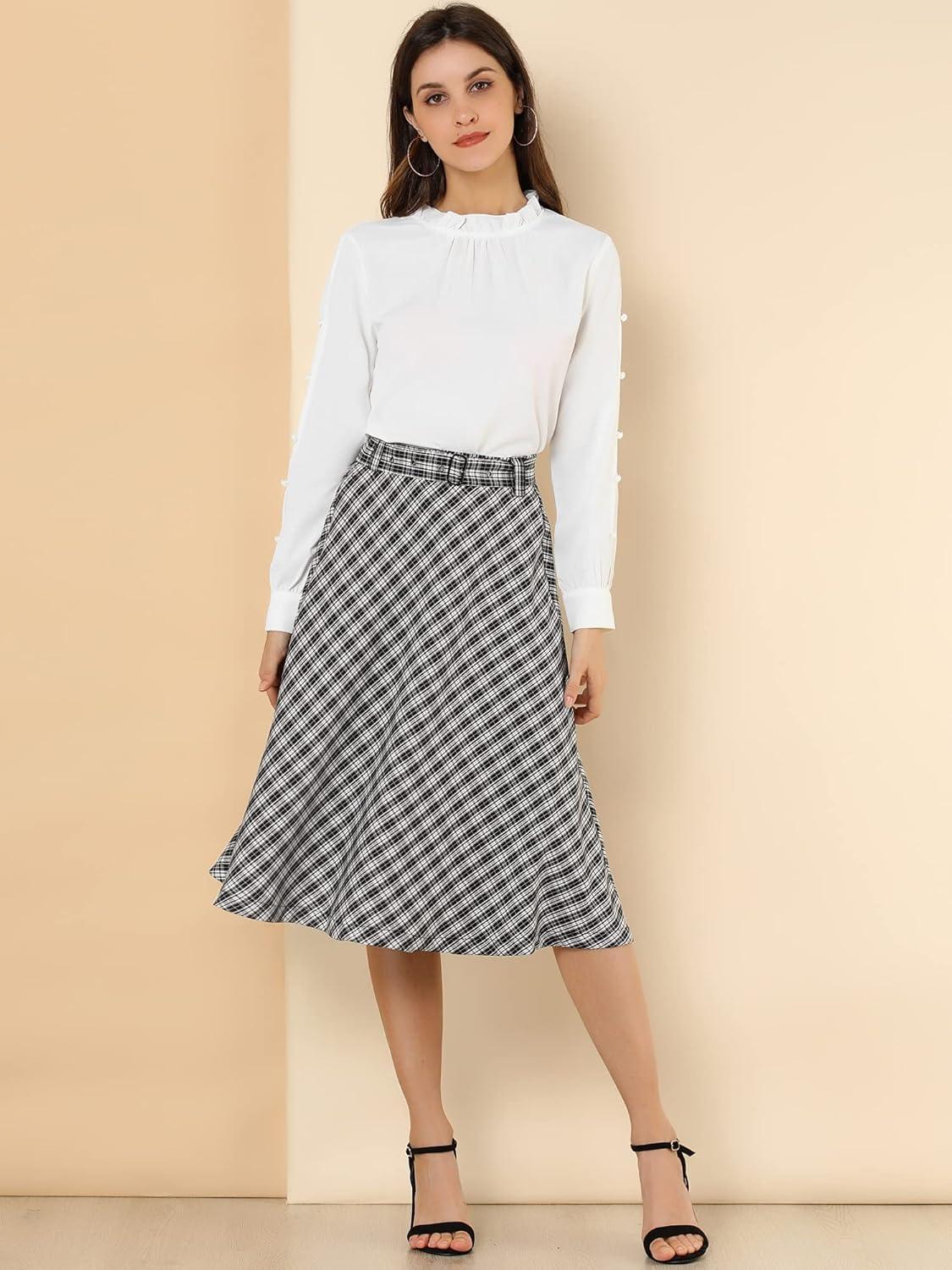 imageAllegra K Womens Tartan Plaid High Waist Belted Vintage ALine Midi SkirtBlack White