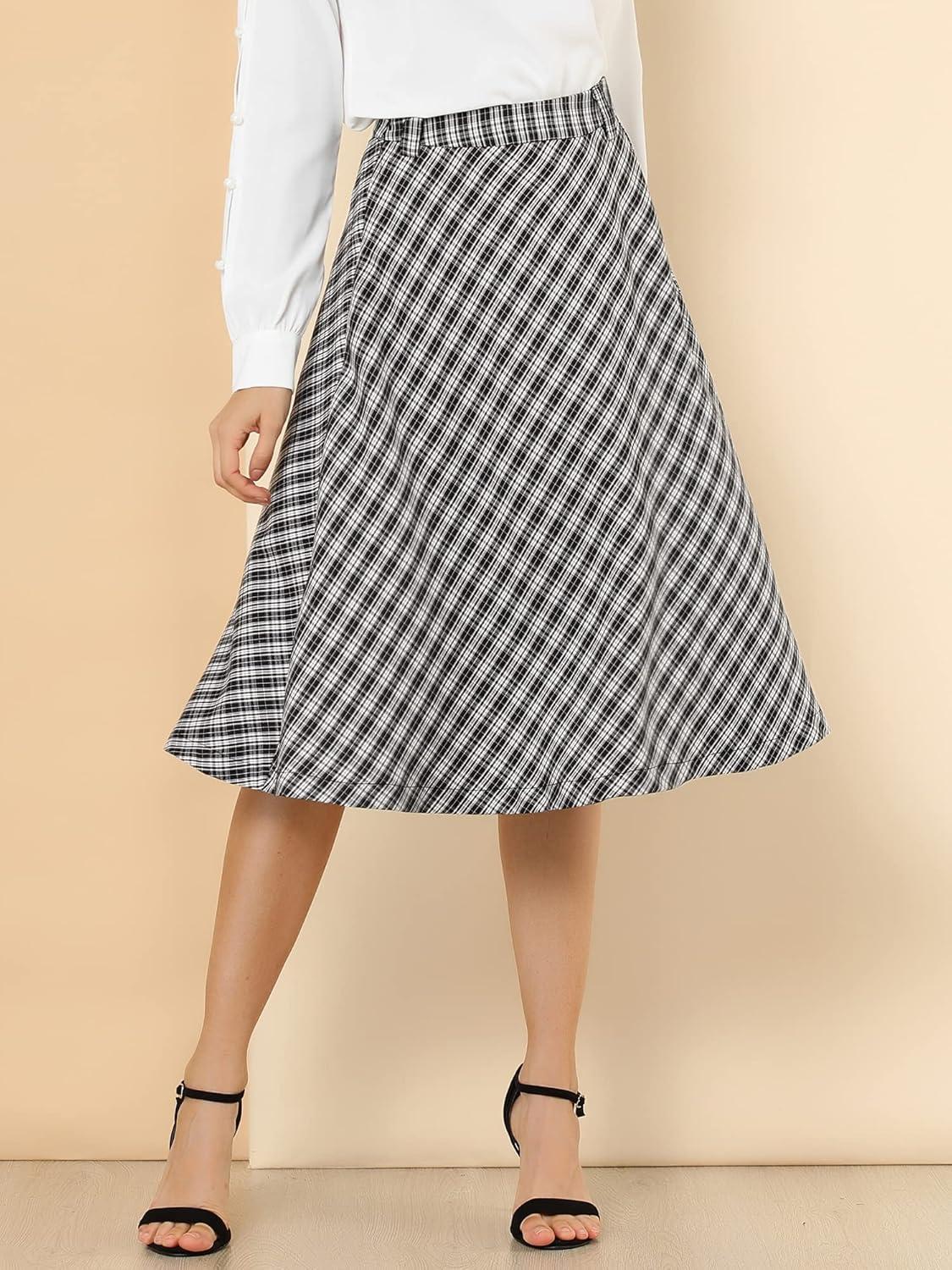 imageAllegra K Womens Tartan Plaid High Waist Belted Vintage ALine Midi SkirtBlack White