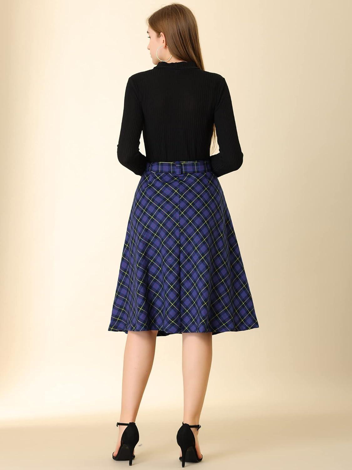 imageAllegra K Womens Tartan Plaid High Waist Belted Vintage ALine Midi SkirtBlue