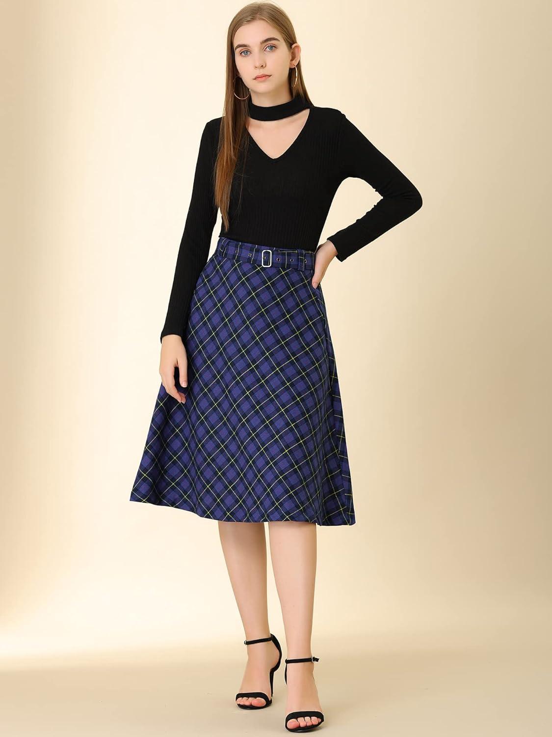 imageAllegra K Womens Tartan Plaid High Waist Belted Vintage ALine Midi SkirtBlue