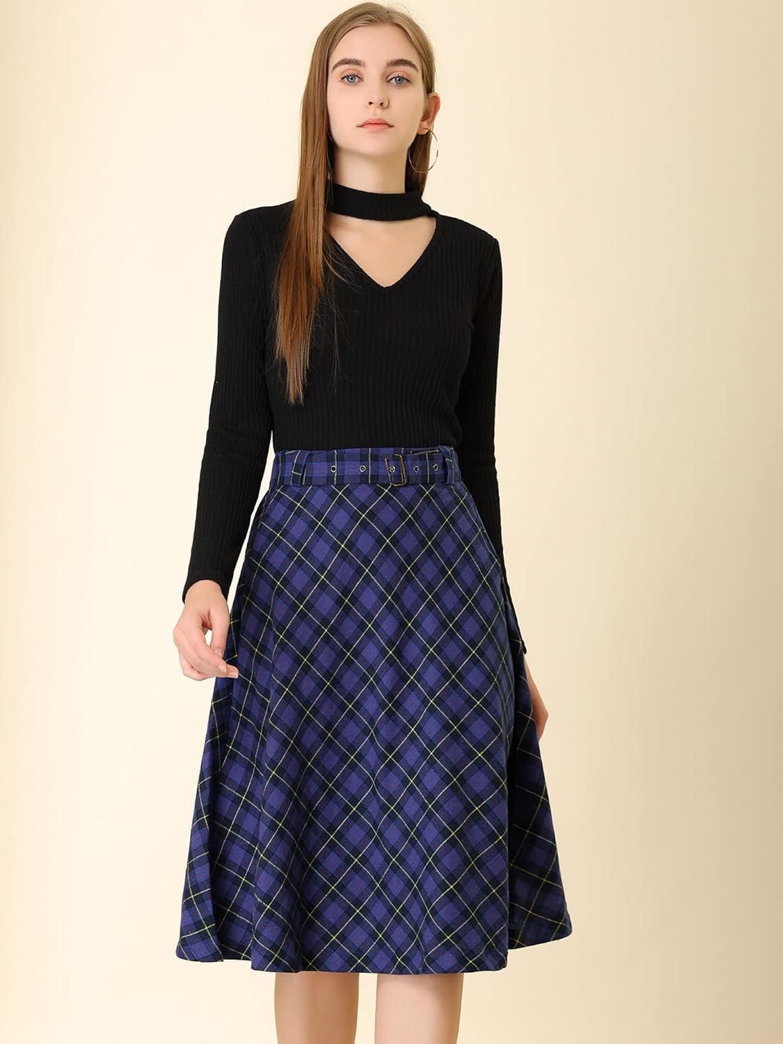 imageAllegra K Womens Tartan Plaid High Waist Belted Vintage ALine Midi SkirtBlue