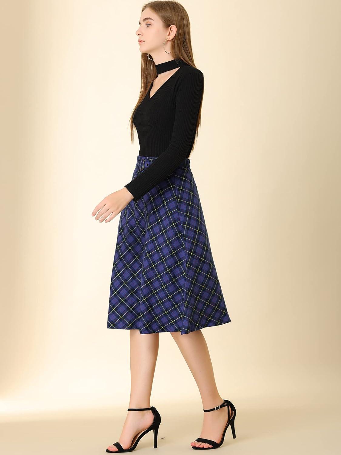 imageAllegra K Womens Tartan Plaid High Waist Belted Vintage ALine Midi SkirtBlue