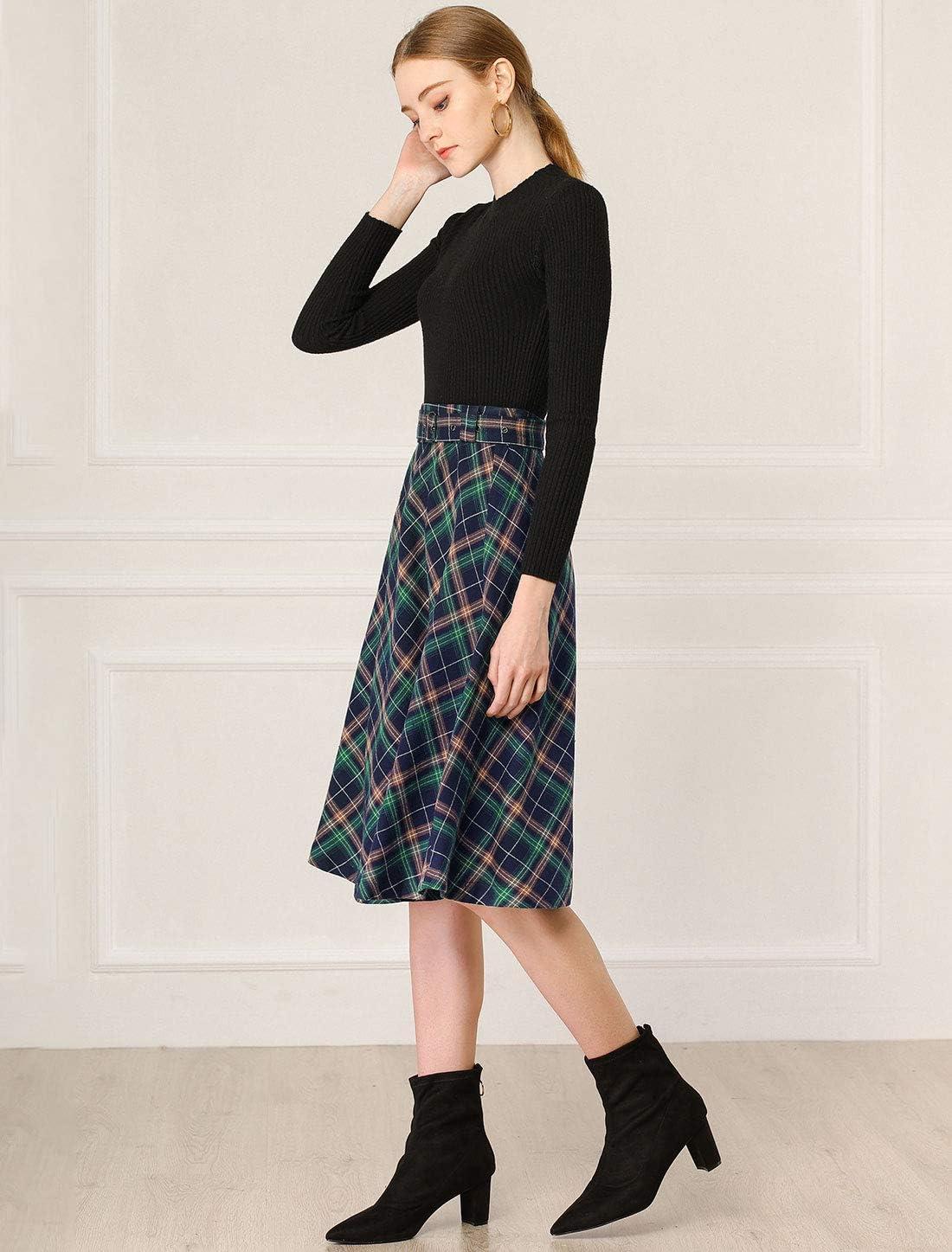 imageAllegra K Womens Tartan Plaid High Waist Belted Vintage ALine Midi SkirtBlue Green