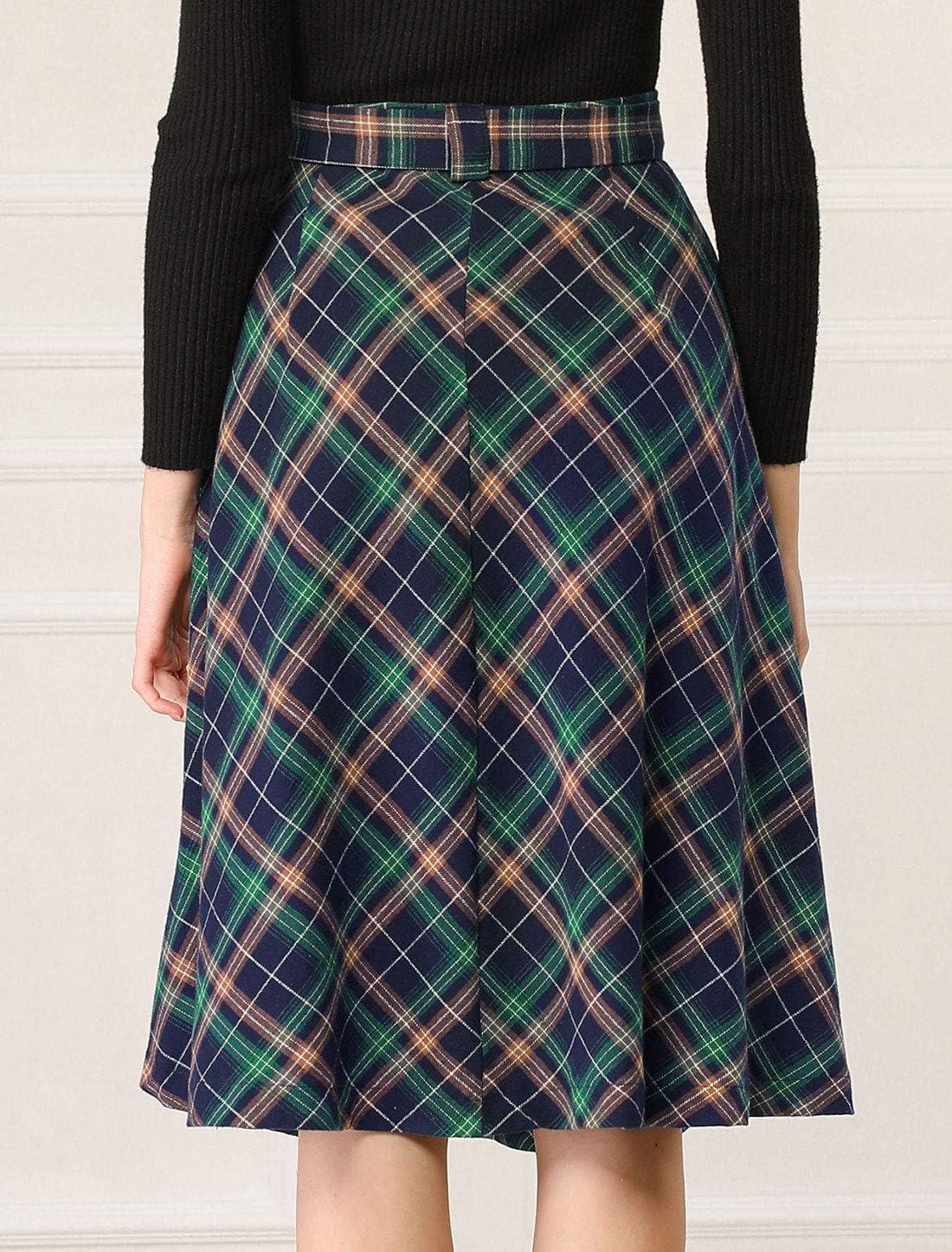 imageAllegra K Womens Tartan Plaid High Waist Belted Vintage ALine Midi SkirtBlue Green