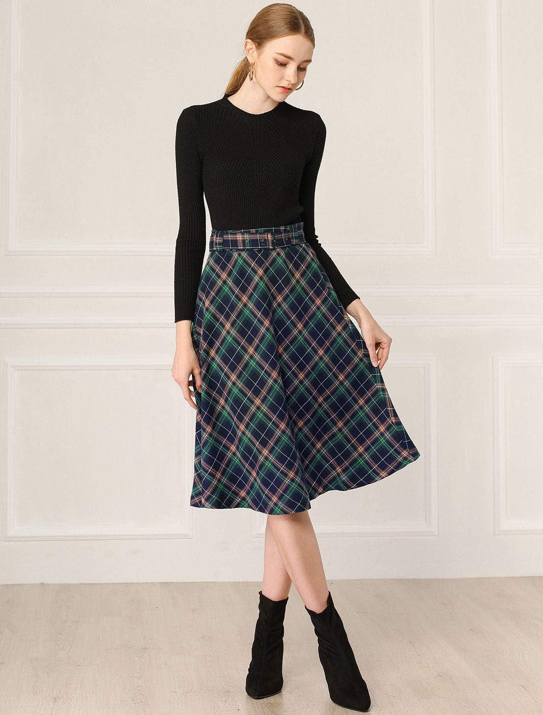 imageAllegra K Womens Tartan Plaid High Waist Belted Vintage ALine Midi SkirtBlue Green