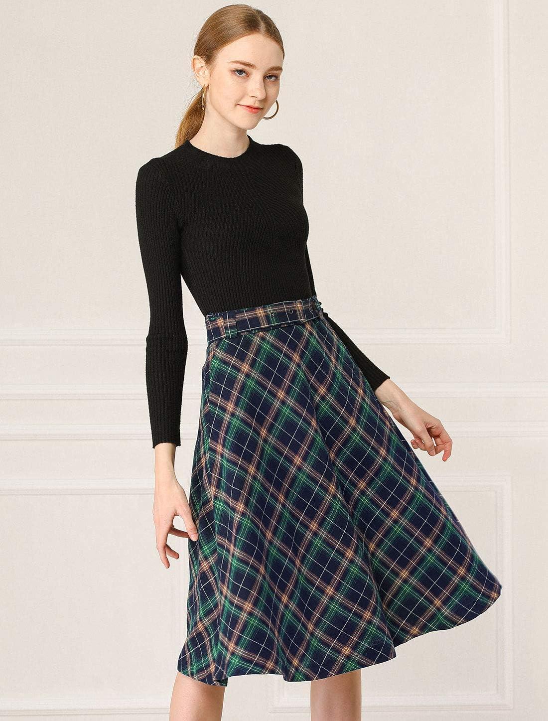 imageAllegra K Womens Tartan Plaid High Waist Belted Vintage ALine Midi SkirtBlue Green