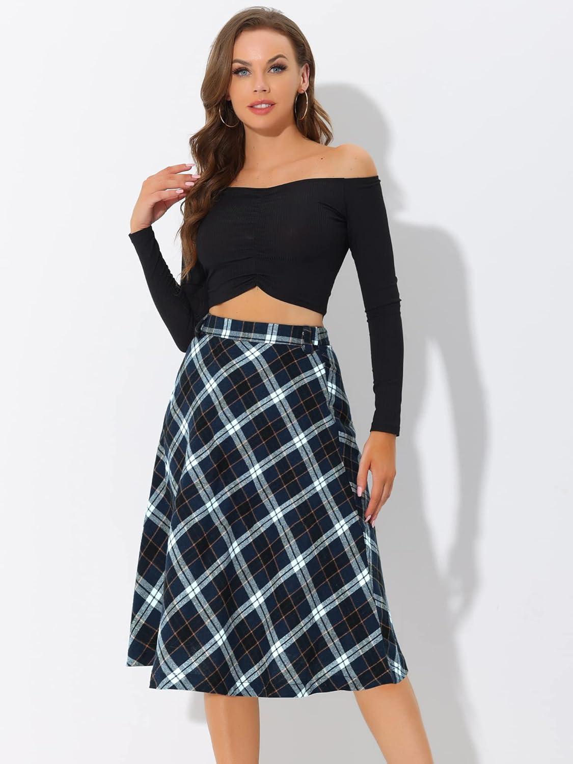 imageAllegra K Womens Tartan Plaid High Waist Belted Vintage ALine Midi SkirtBlue White