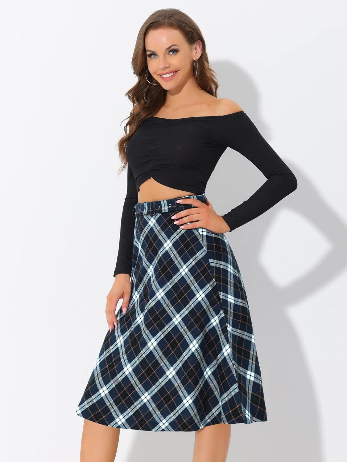 imageAllegra K Womens Tartan Plaid High Waist Belted Vintage ALine Midi SkirtBlue White