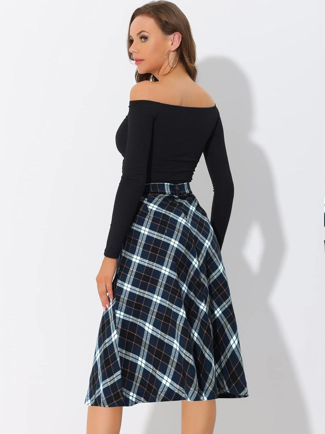 imageAllegra K Womens Tartan Plaid High Waist Belted Vintage ALine Midi SkirtBlue White