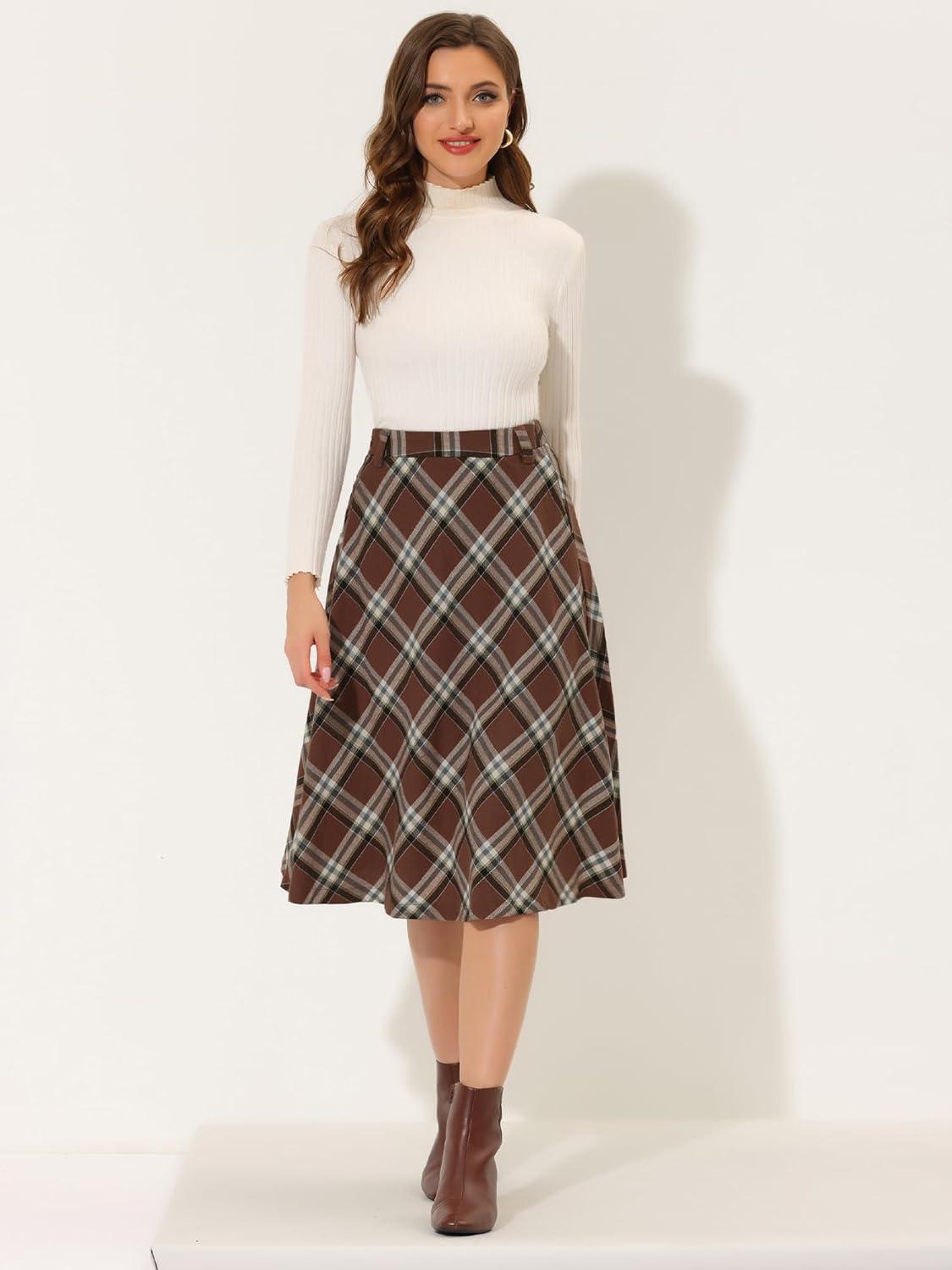 imageAllegra K Womens Tartan Plaid High Waist Belted Vintage ALine Midi SkirtBrown White