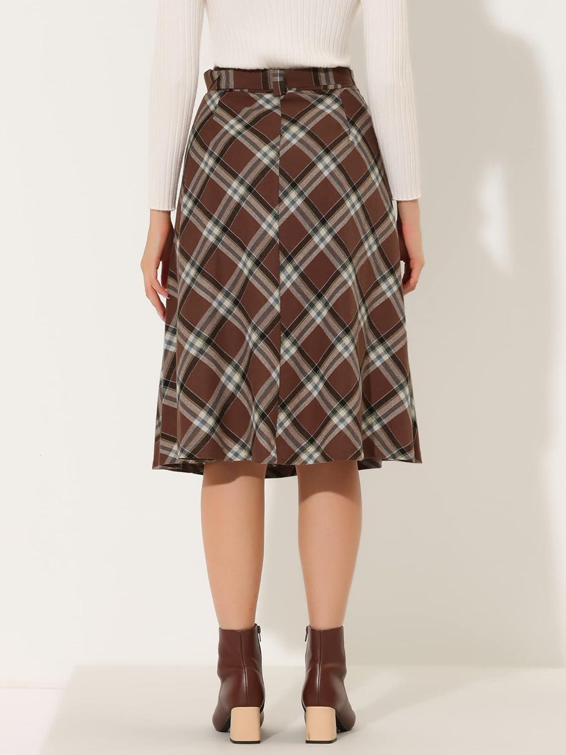 imageAllegra K Womens Tartan Plaid High Waist Belted Vintage ALine Midi SkirtBrown White