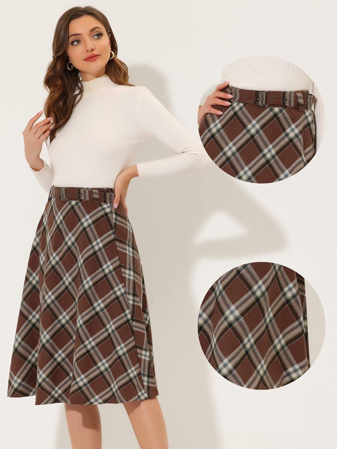 imageAllegra K Womens Tartan Plaid High Waist Belted Vintage ALine Midi SkirtBrown White