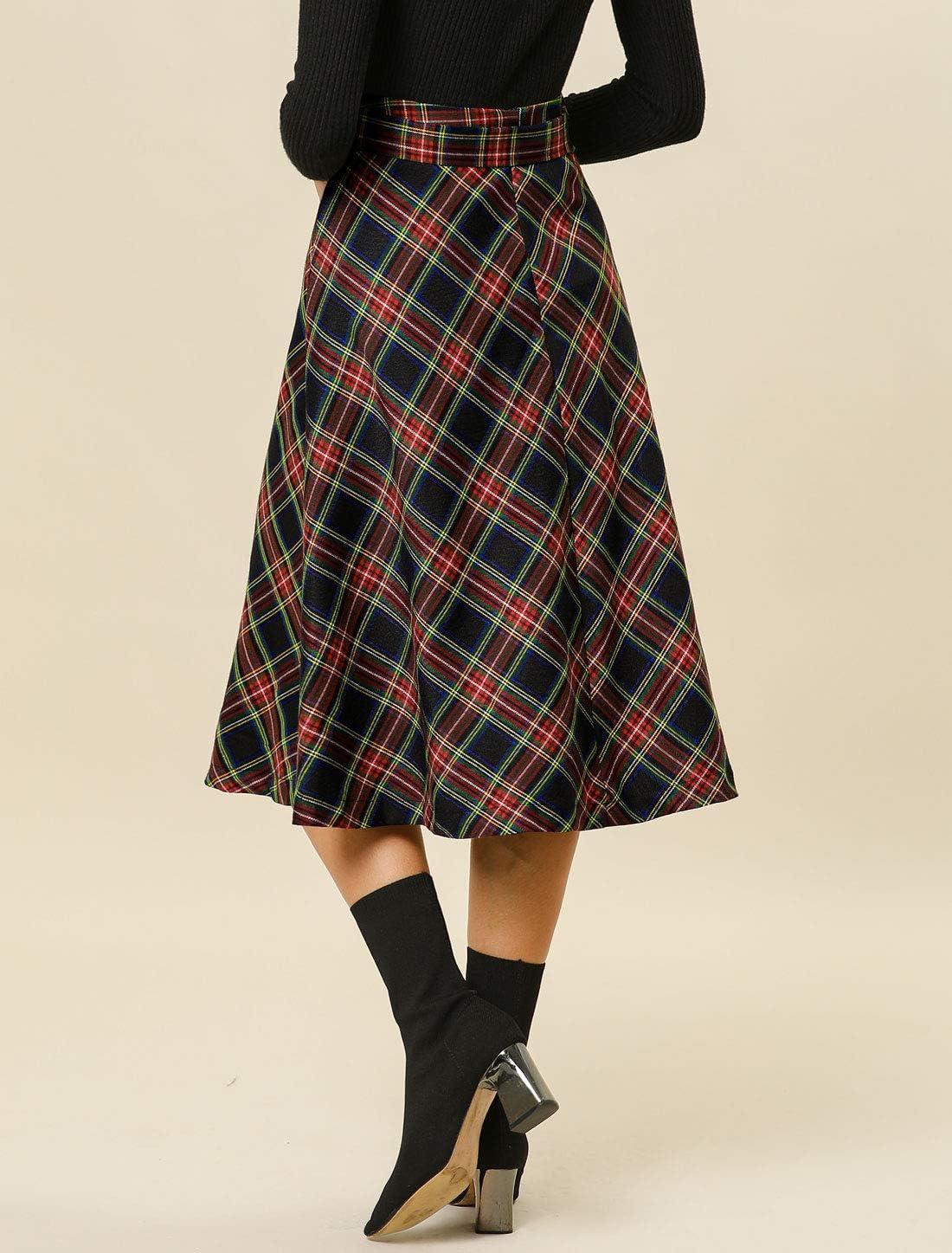 imageAllegra K Womens Tartan Plaid High Waist Belted Vintage ALine Midi SkirtDark Blue