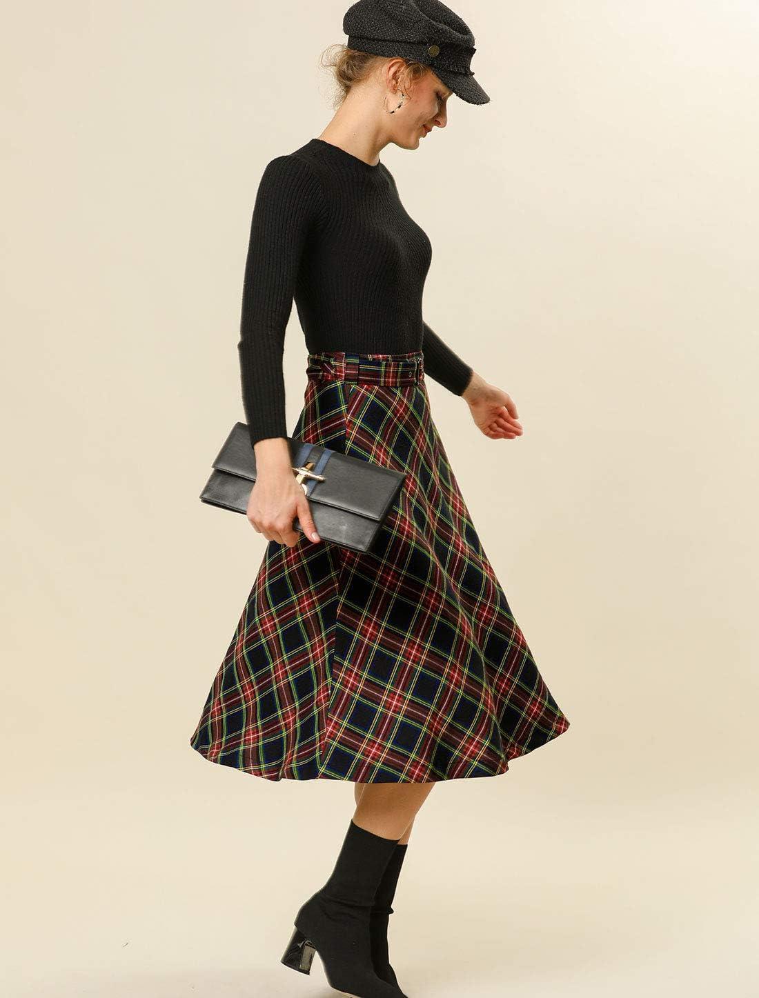 imageAllegra K Womens Tartan Plaid High Waist Belted Vintage ALine Midi SkirtDark Blue