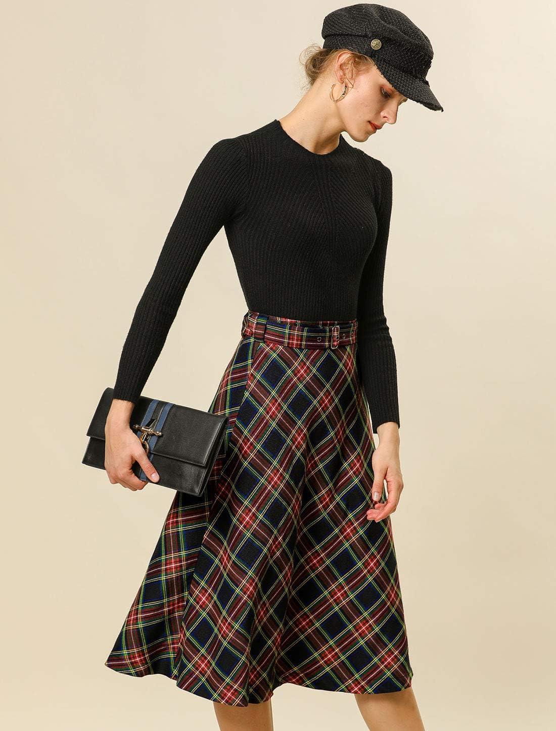 imageAllegra K Womens Tartan Plaid High Waist Belted Vintage ALine Midi SkirtDark Blue