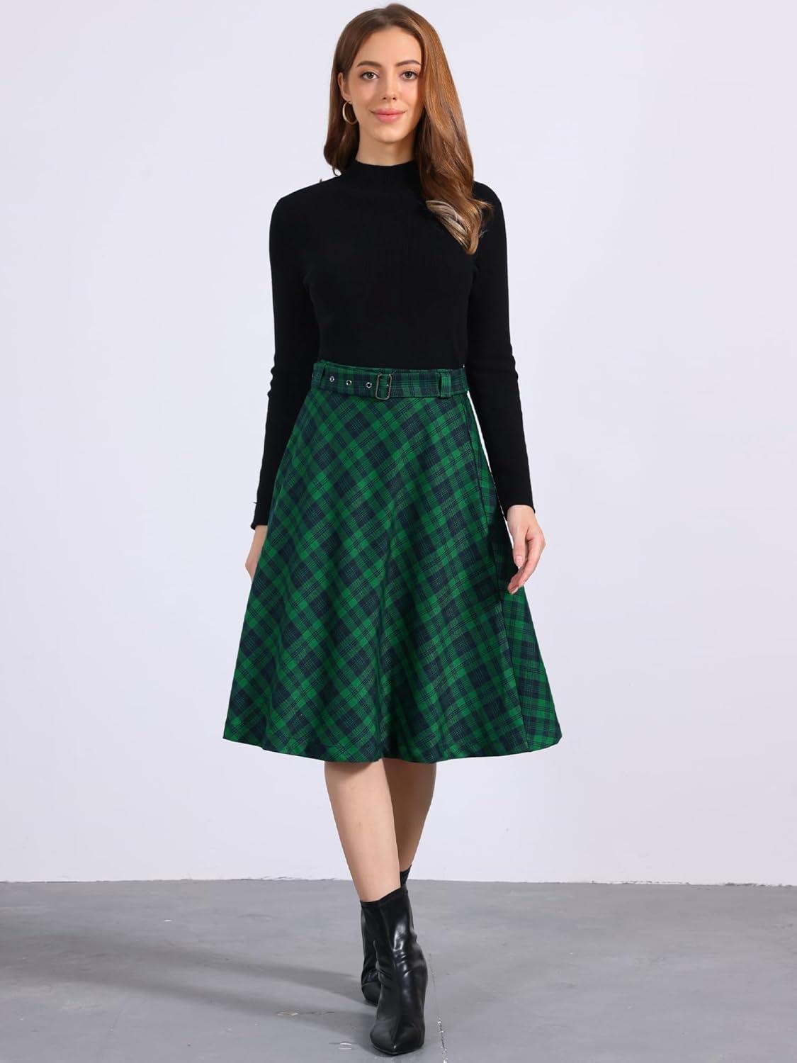 imageAllegra K Womens Tartan Plaid High Waist Belted Vintage ALine Midi SkirtDark Green