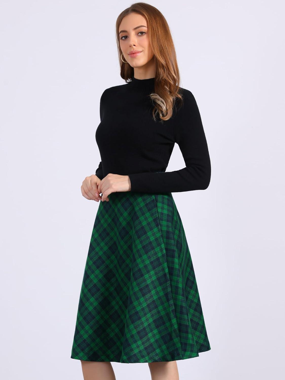imageAllegra K Womens Tartan Plaid High Waist Belted Vintage ALine Midi SkirtDark Green