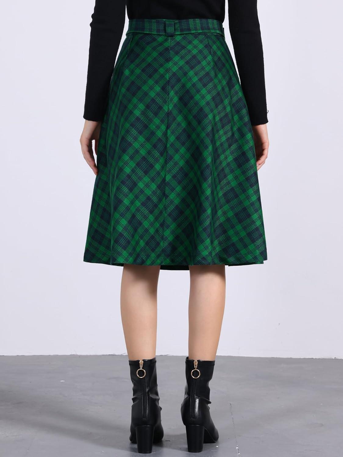 imageAllegra K Womens Tartan Plaid High Waist Belted Vintage ALine Midi SkirtDark Green