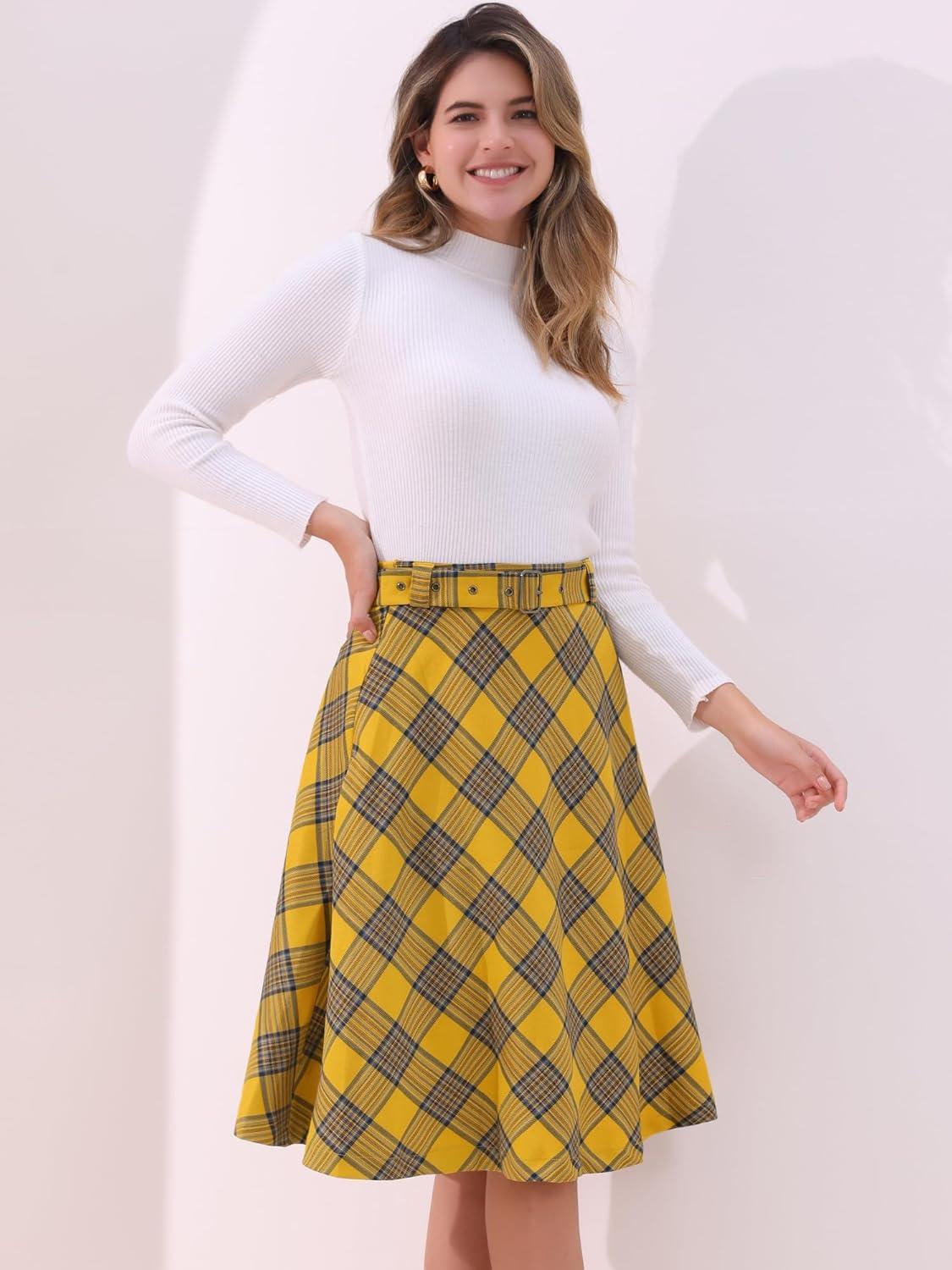 imageAllegra K Womens Tartan Plaid High Waist Belted Vintage ALine Midi SkirtDark Yellow