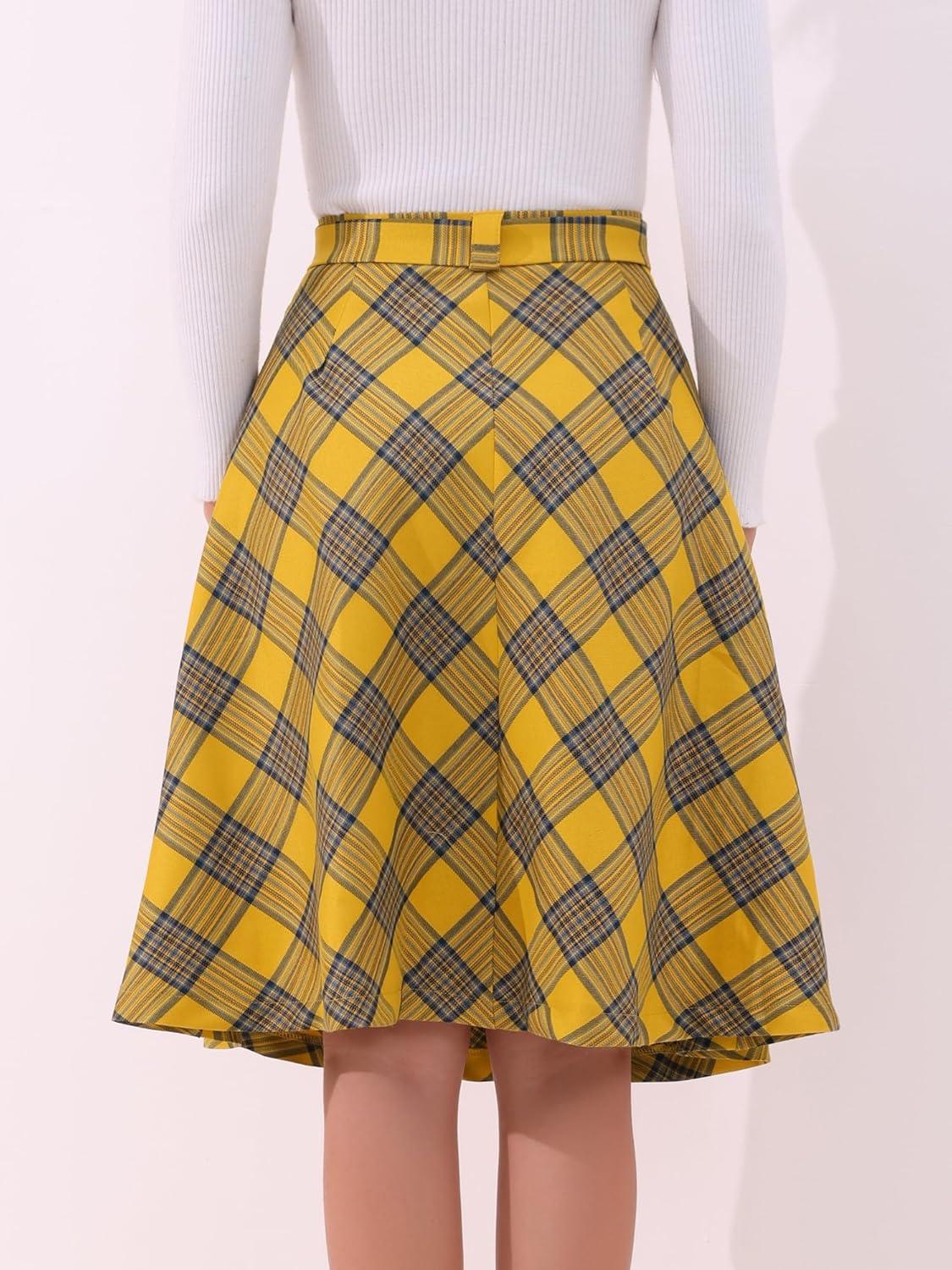 imageAllegra K Womens Tartan Plaid High Waist Belted Vintage ALine Midi SkirtDark Yellow