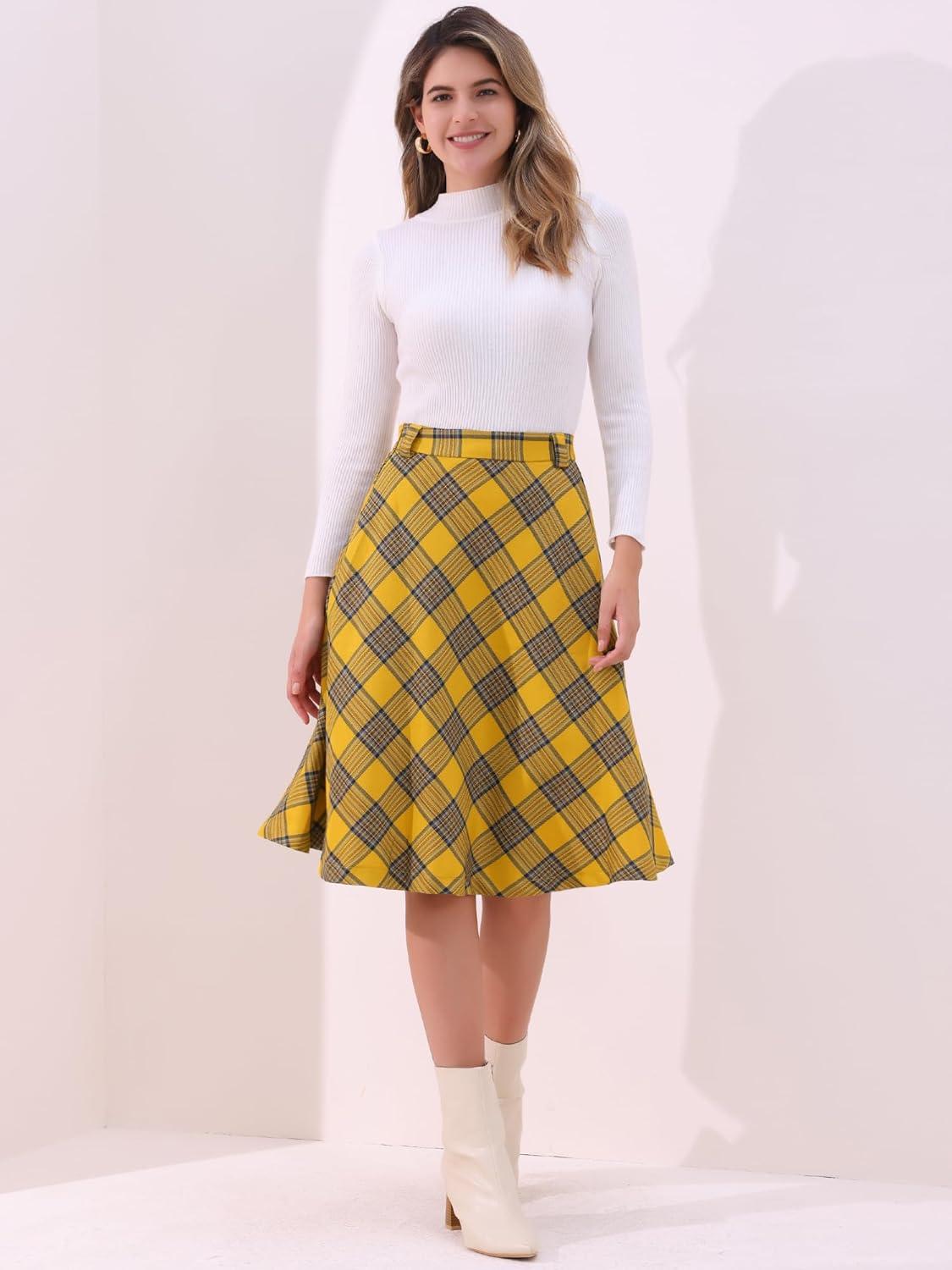 imageAllegra K Womens Tartan Plaid High Waist Belted Vintage ALine Midi SkirtDark Yellow