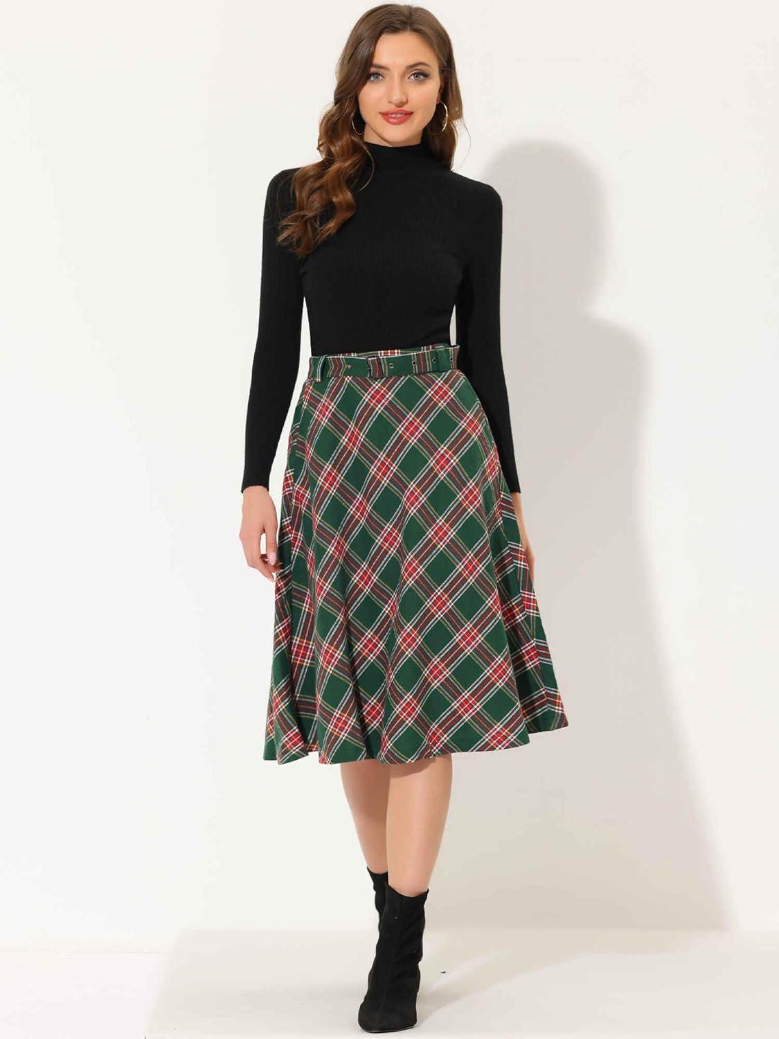 imageAllegra K Womens Tartan Plaid High Waist Belted Vintage ALine Midi SkirtGreen Red