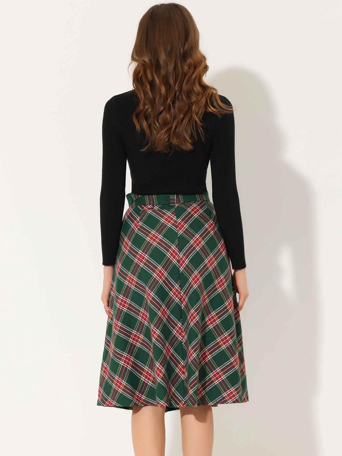 imageAllegra K Womens Tartan Plaid High Waist Belted Vintage ALine Midi SkirtGreen Red