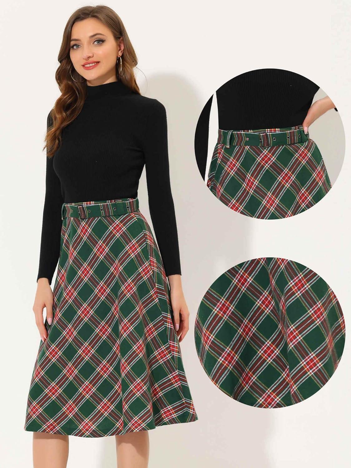imageAllegra K Womens Tartan Plaid High Waist Belted Vintage ALine Midi SkirtGreen Red