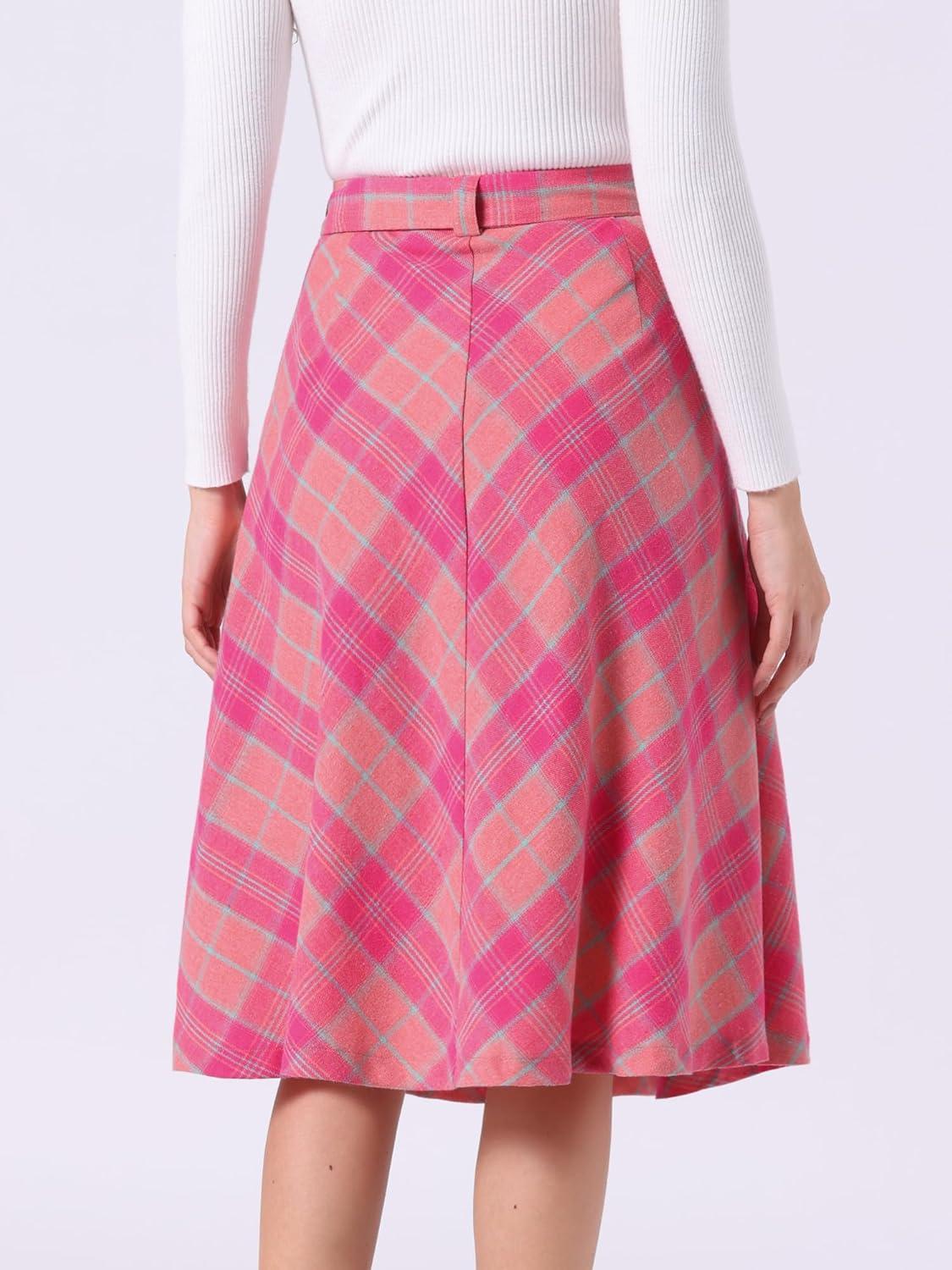 imageAllegra K Womens Tartan Plaid High Waist Belted Vintage ALine Midi SkirtHot Pink