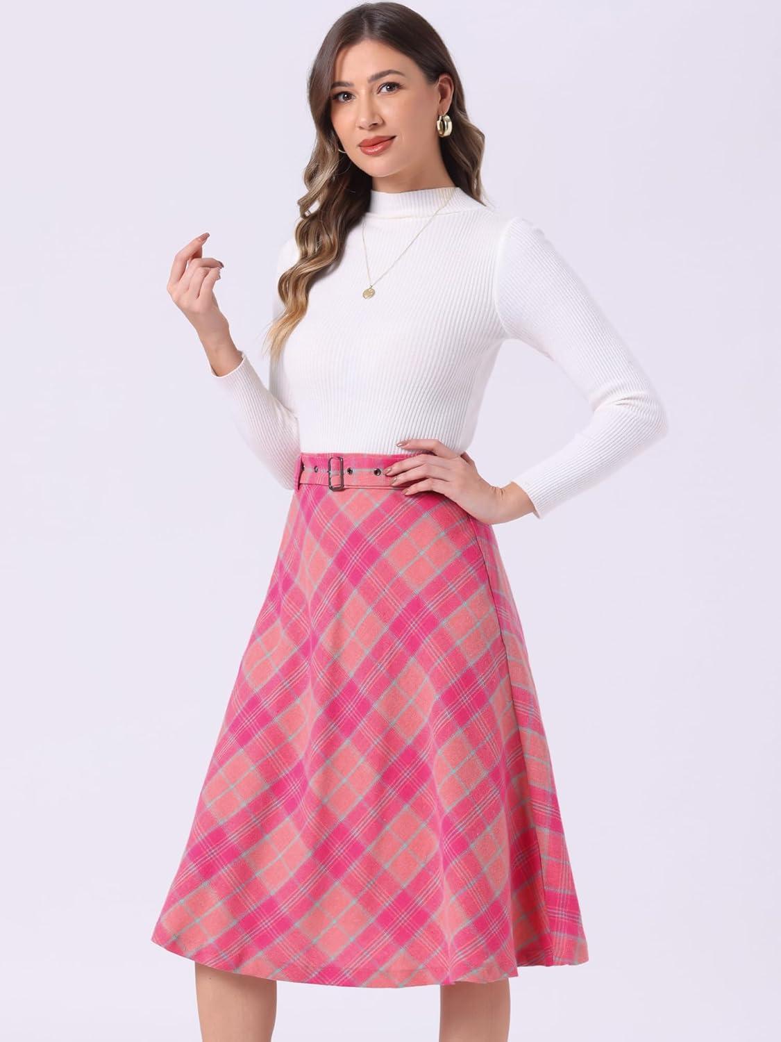 imageAllegra K Womens Tartan Plaid High Waist Belted Vintage ALine Midi SkirtHot Pink