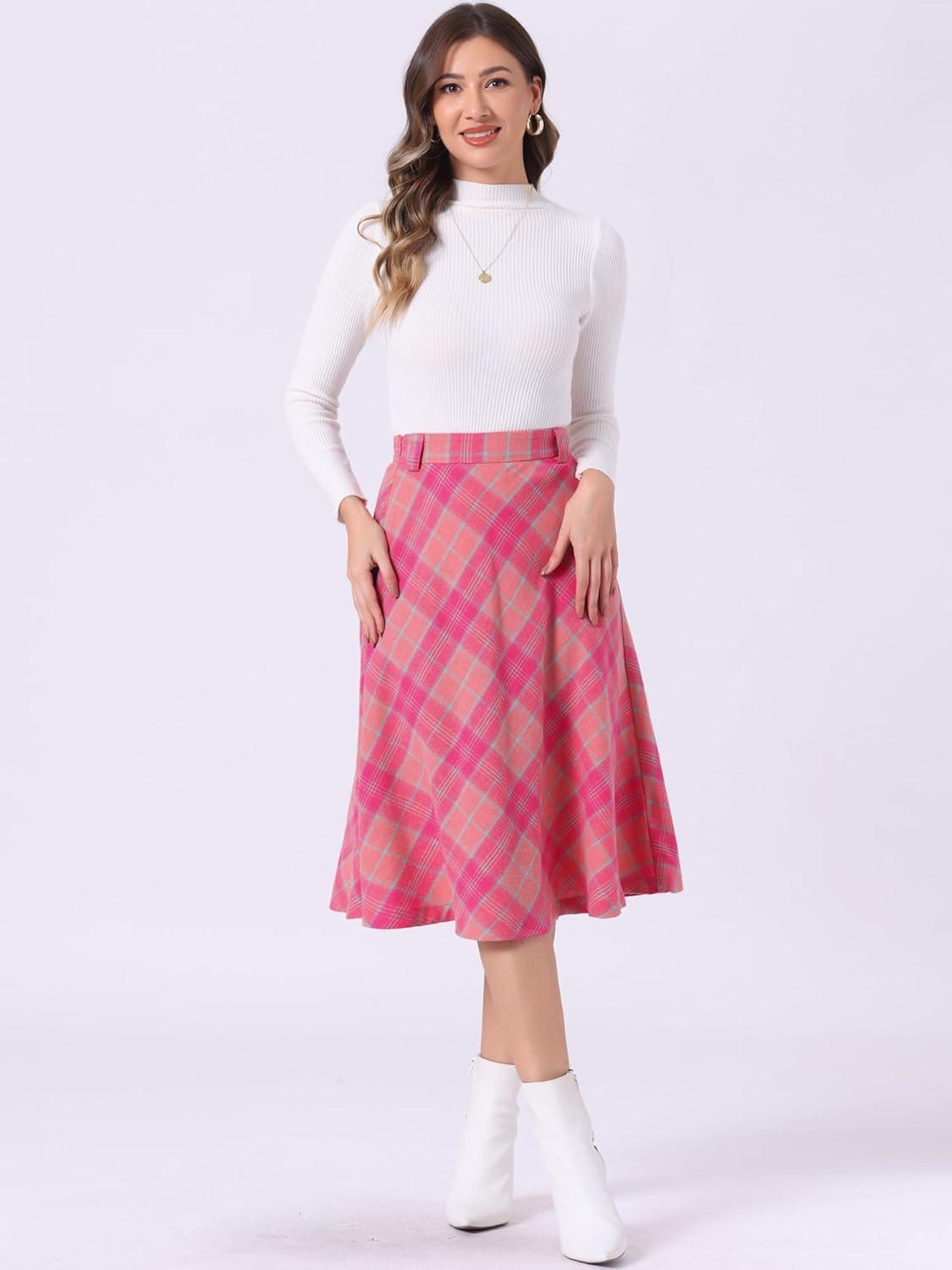 imageAllegra K Womens Tartan Plaid High Waist Belted Vintage ALine Midi SkirtHot Pink