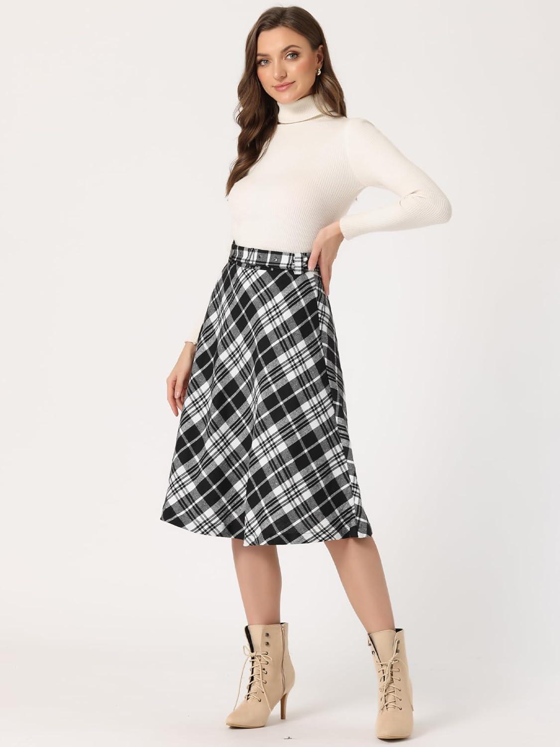 imageAllegra K Womens Tartan Plaid High Waist Belted Vintage ALine Midi SkirtJet Black Plaid