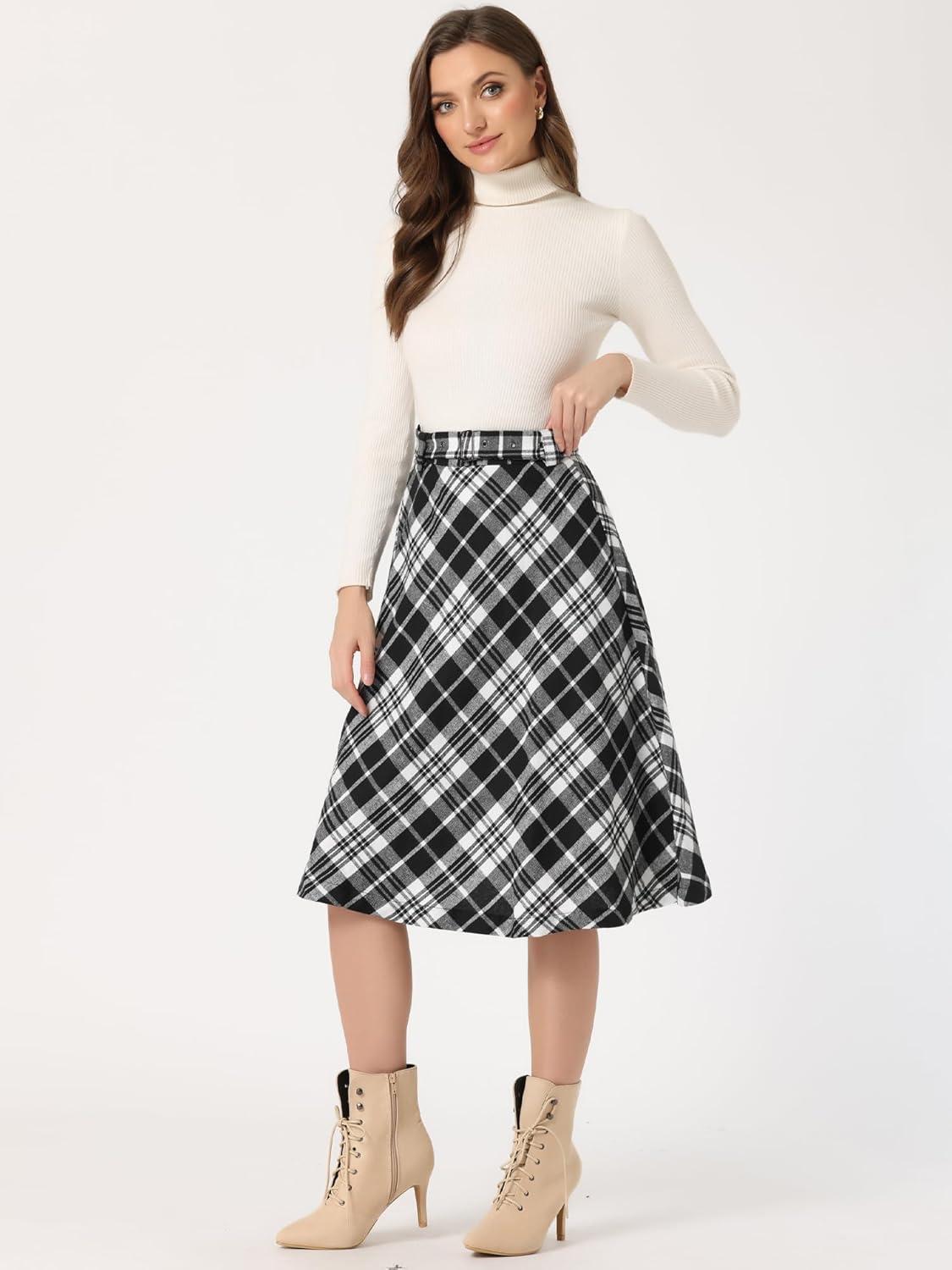 imageAllegra K Womens Tartan Plaid High Waist Belted Vintage ALine Midi SkirtJet Black Plaid