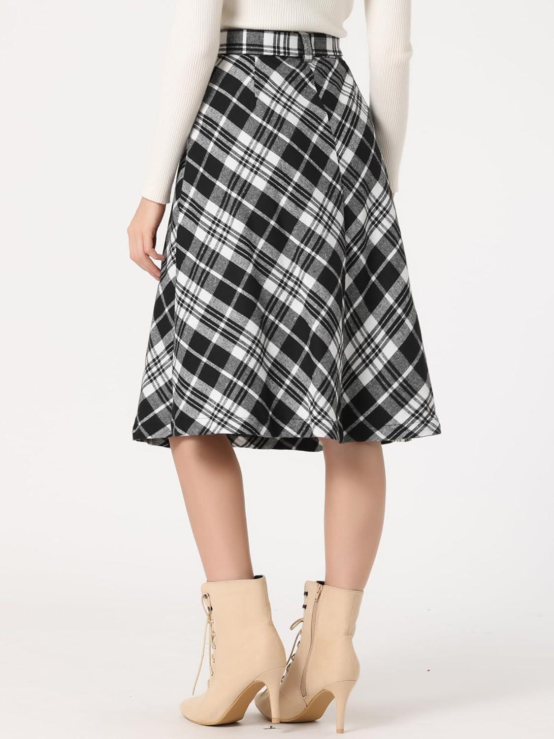imageAllegra K Womens Tartan Plaid High Waist Belted Vintage ALine Midi SkirtJet Black Plaid