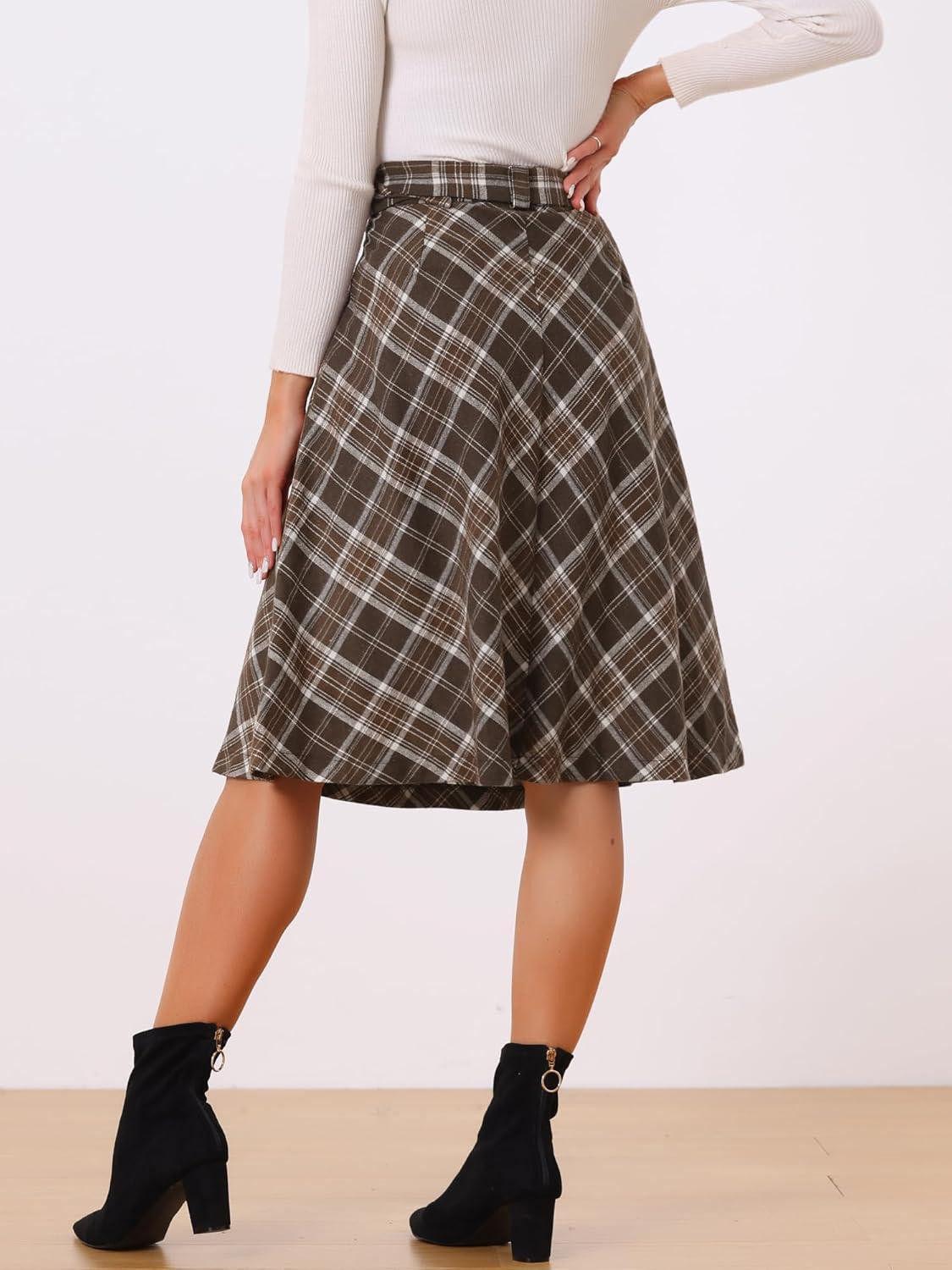 imageAllegra K Womens Tartan Plaid High Waist Belted Vintage ALine Midi SkirtKhaki