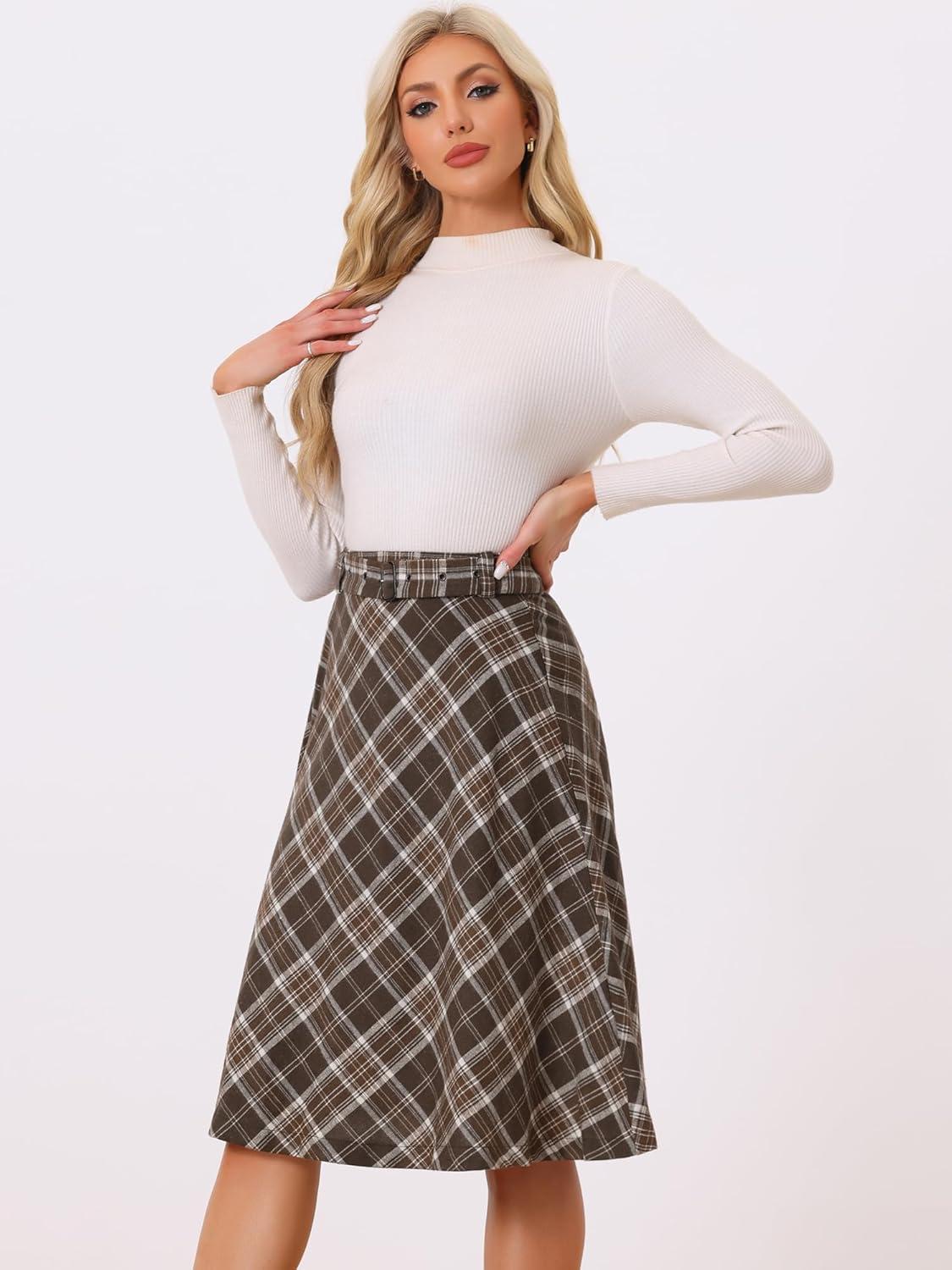 imageAllegra K Womens Tartan Plaid High Waist Belted Vintage ALine Midi SkirtKhaki