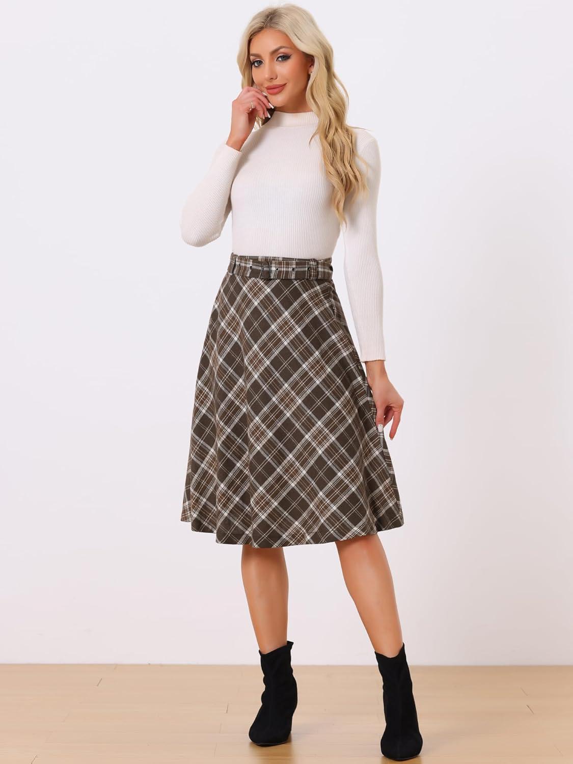imageAllegra K Womens Tartan Plaid High Waist Belted Vintage ALine Midi SkirtKhaki