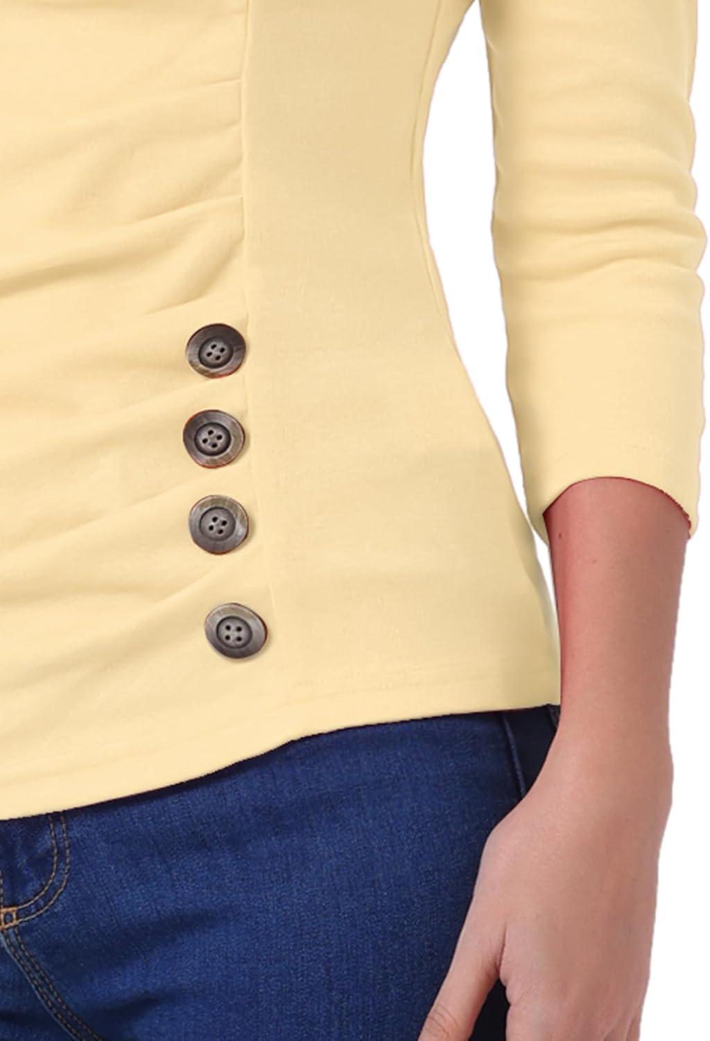 imageAllegra K Womens V Neck Blouse 34 Sleeves Solid Knitted Buttons Decor Ruched TopApricot