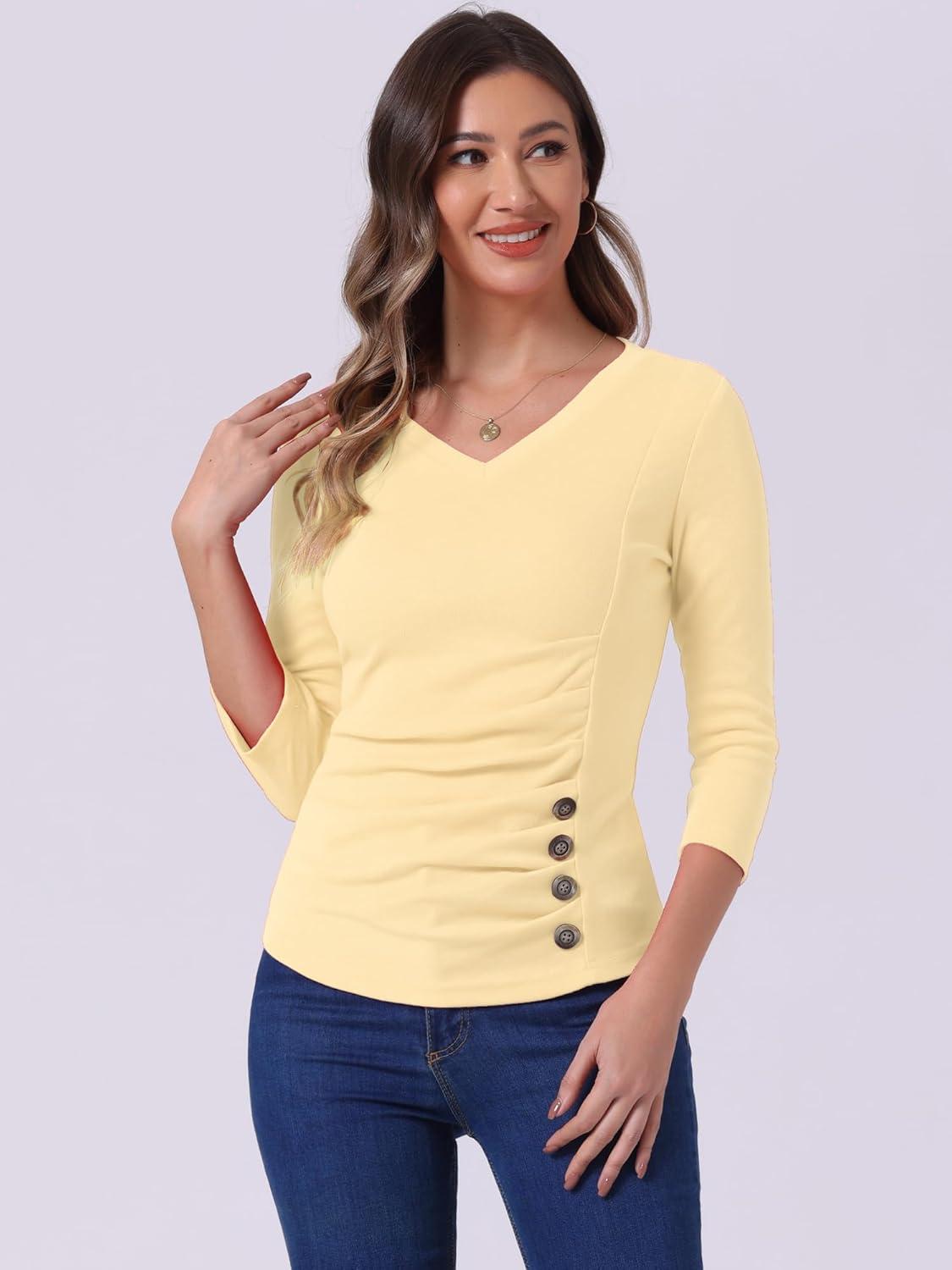 imageAllegra K Womens V Neck Blouse 34 Sleeves Solid Knitted Buttons Decor Ruched TopApricot