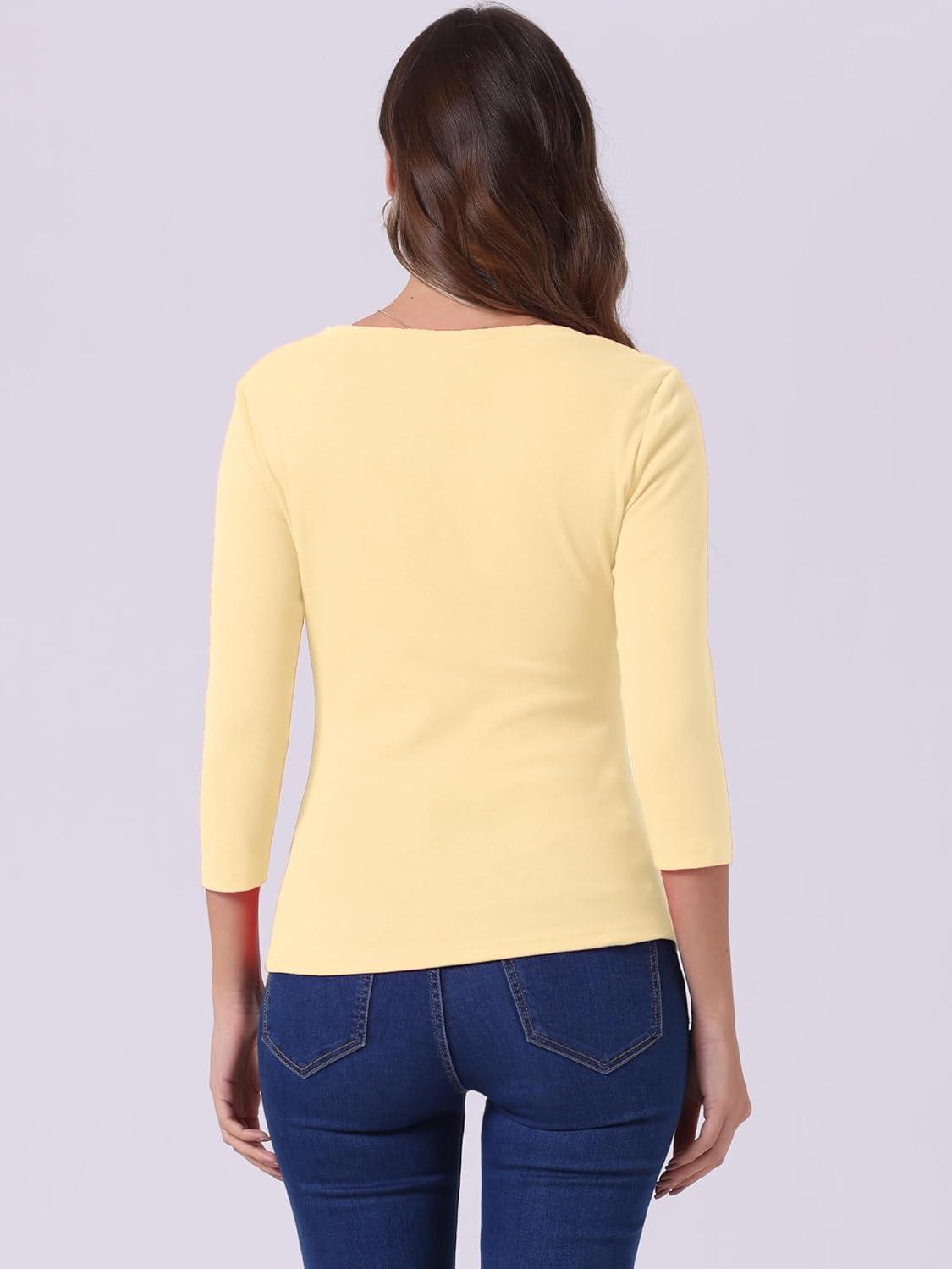 imageAllegra K Womens V Neck Blouse 34 Sleeves Solid Knitted Buttons Decor Ruched TopApricot