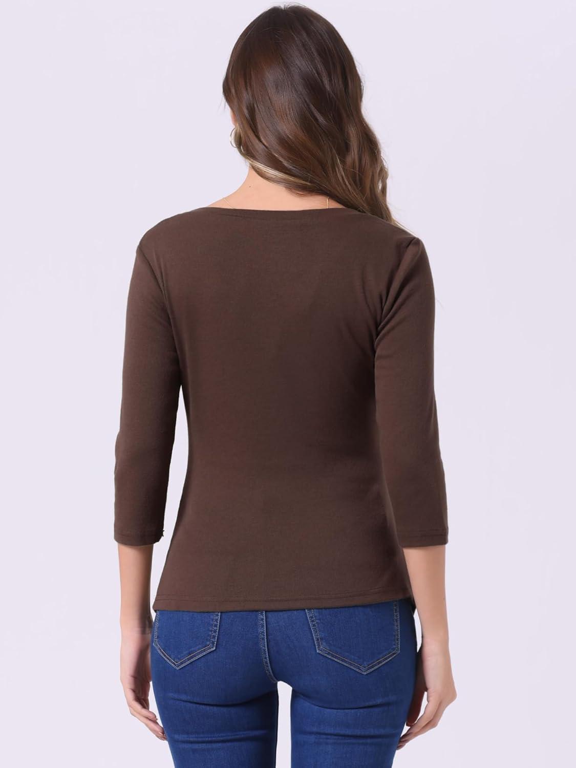 imageAllegra K Womens V Neck Blouse 34 Sleeves Solid Knitted Buttons Decor Ruched TopCoffee Brown